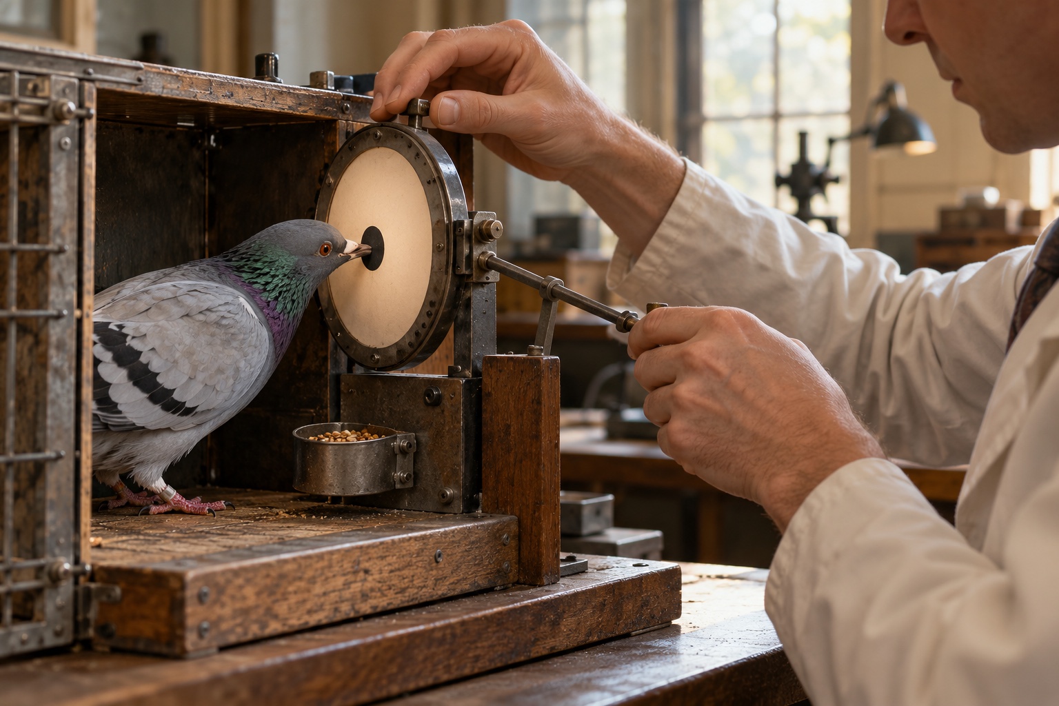 AI-generated supporting illustration / AI-згенерована додаткова ілюстрація. Close view of a pigeon pecking a target image while a researcher adjusts the test mechanism; reconstruction, not a documentary photograph.