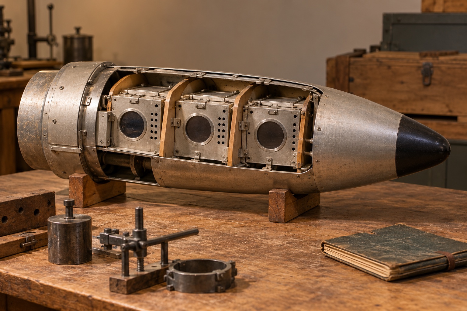 AI-generated supporting illustration / AI-згенерована додаткова ілюстрація. Reconstructed cutaway of the proposed nose cone with three separate pigeon compartments and viewing windows, based on the museum description; not the actual artifact.