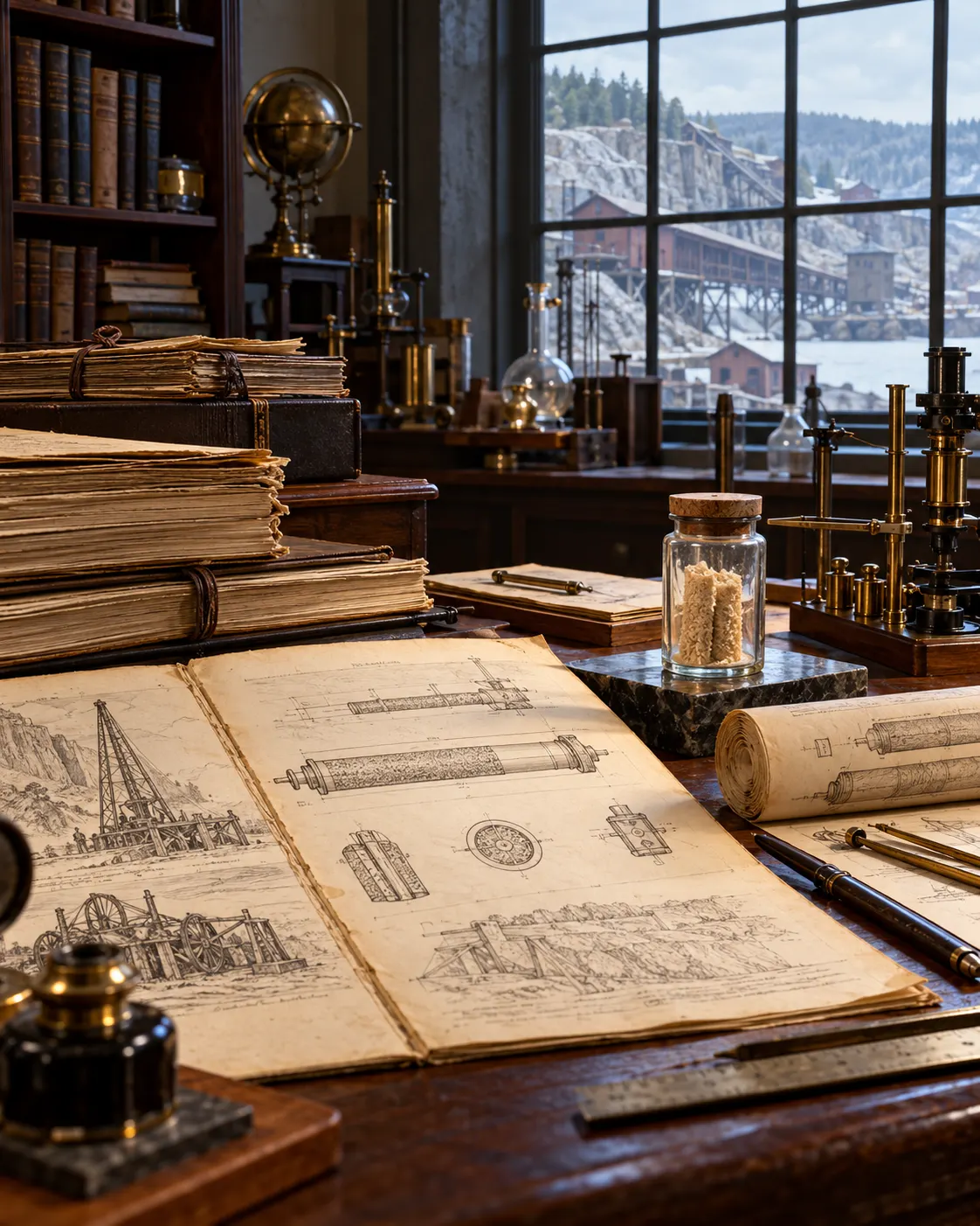 AI-generated cover: fictional inventor's desk with technical drawings and a sealed inert sample jar; no instructions or authentic Nobel artifacts. Prompt: “Photorealistic vertical 4:5 editorial cover about Alfred Nobel as an inventor with hundreds of patents and his 1867 dynamite patent. Show a 19th-century inventor's writing desk with patent folios, technical sketches of machinery, a small inert sealed sample container with no label, and a safe industrial laboratory window in the distance. No person portrait, no readable text, no formulas, no instructions, no explosions, no fire, no weaponry, no logos.” Generated 19 October 2026.