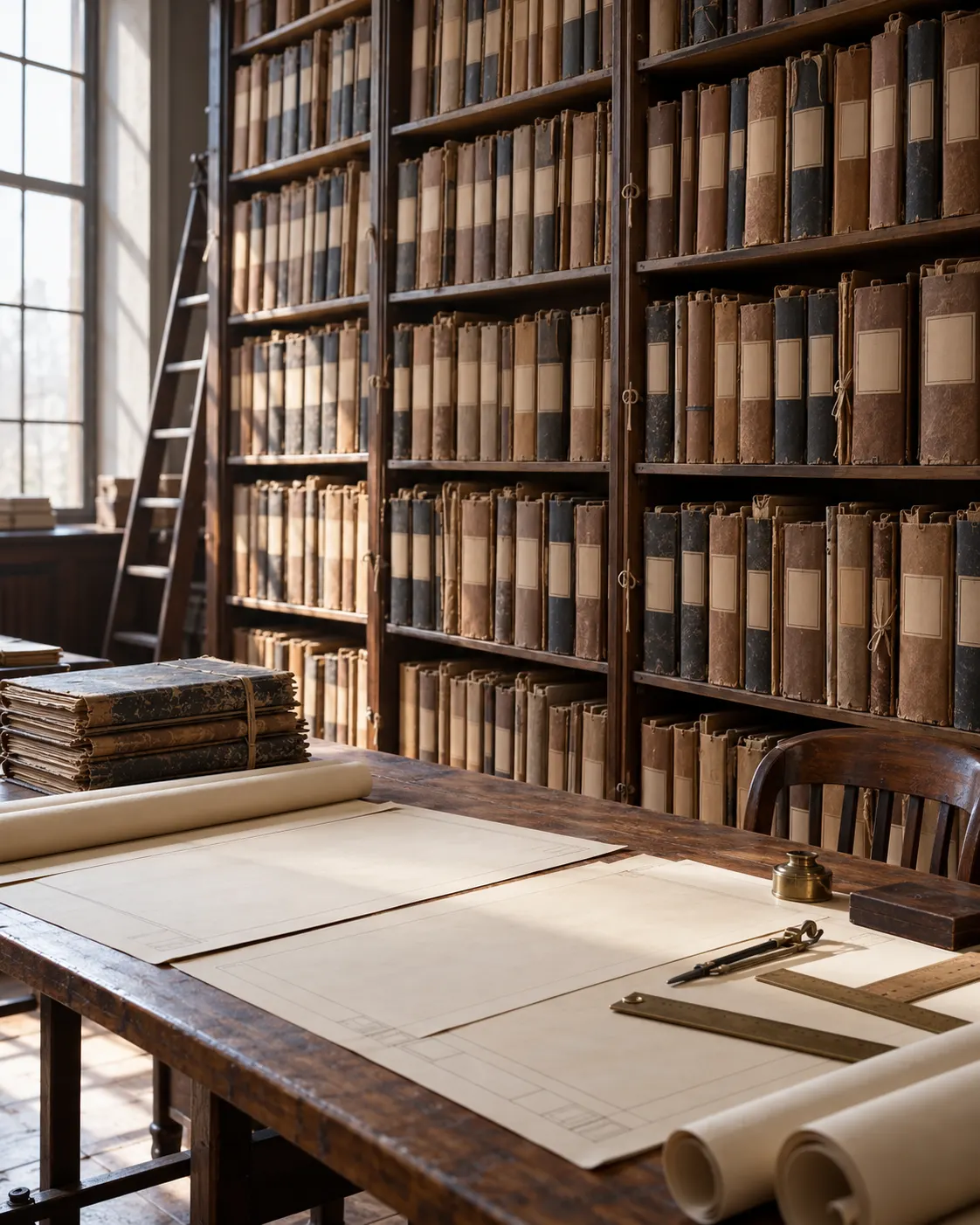 AI-generated fictional archive of blank patent folders and technical drawing sheets, symbolizing Nobel’s 355 patents; not his actual records. Prompt: “Photorealistic vertical 4:5 editorial still life representing a prolific inventor's many patents: orderly shelves of hundreds of bound patent folders in a late-19th-century archive, a few blank technical drawings on a table in front, soft side light. Generic imagined archive, not Nobel's actual records. No readable titles, numbers, names, official seals, logos or weapon designs.” Generated 19 October 2026.