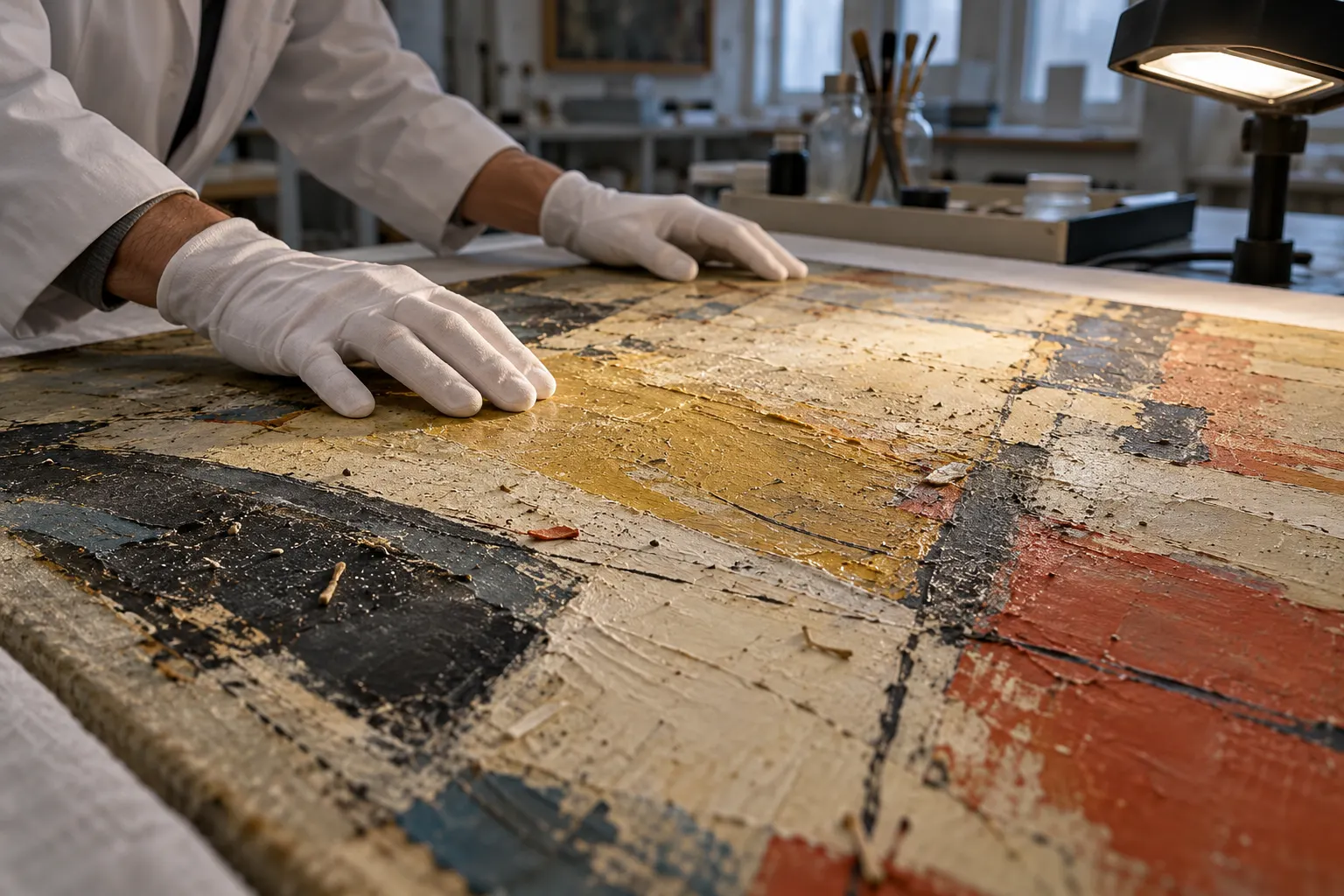 AI-generated illustrative reconstruction of conservation work on a textured abstract canvas.