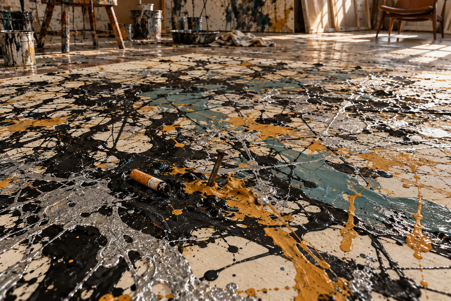 AI-generated editorial reconstruction of a studio canvas with a cigarette embedded in paint.