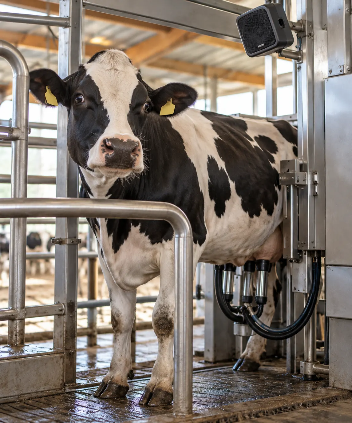 AI-generated cover illustration showing a Holstein cow in an automatic milking stall with a speaker; illustrative reconstruction of the study setting.