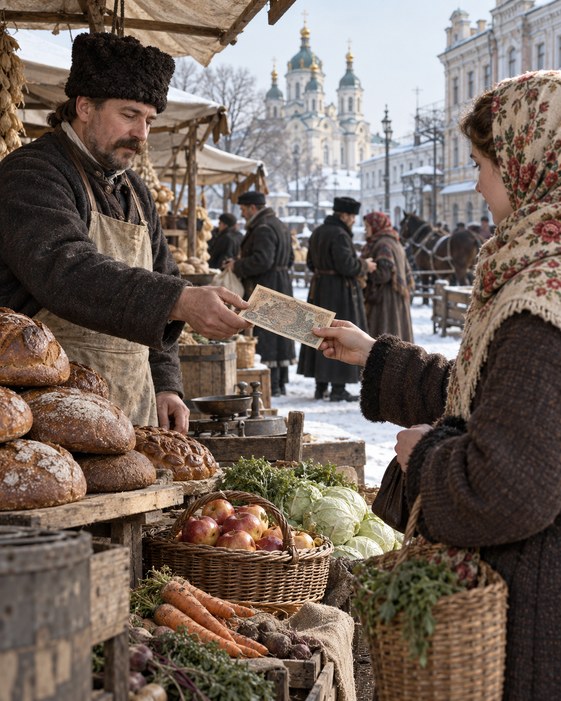 A shopkeeper accepts a generic paper note at a reconstructed 1918 Kyiv market.