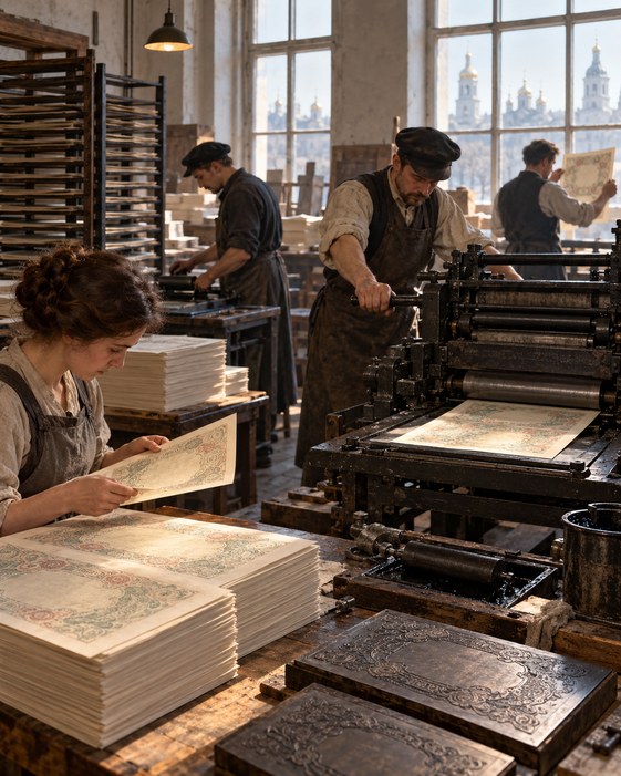 Workers inspect ornamental blank sheets in a reconstructed Kyiv print shop.