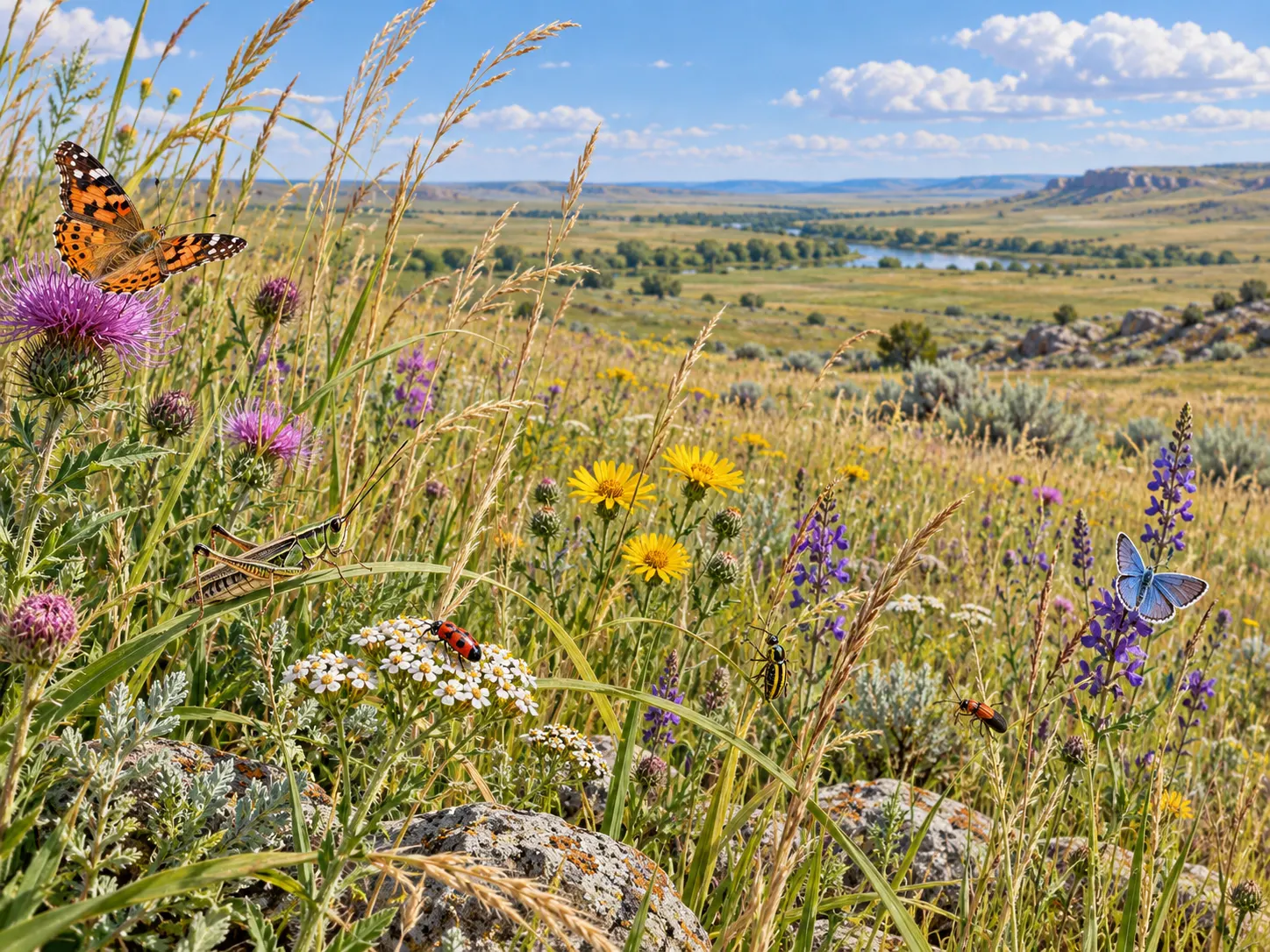 original AI-generated editorial landscape of steppe vegetation and insects. Generated for this package on 2026-10-13. No external author, source URL, or third-party license applies; the project may reuse it. It is illustrative and not evidence of measured insect abundance. Both language versions disclose its AI origin.