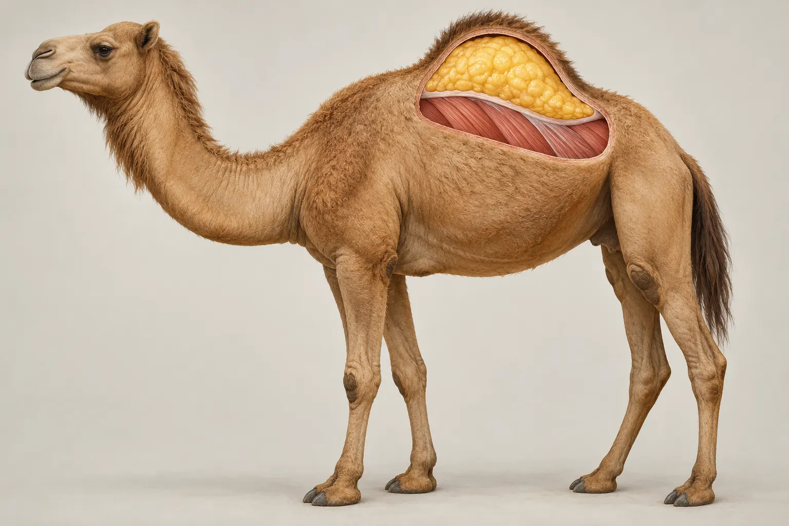 AI-generated cutaway illustration of fatty tissue in hump. OpenAI image generation, 2026-10-28. Prompt: Photorealistic museum-quality zoological educational illustration of a camel side profile with a small clean cutaway window at the hump showing a layer of yellow fatty tissue over the back muscles, no exposed bone, natural anatomical style, plain neutral background, no text, labels, arrows, logos, watermark, or collage; illustrative anatomy. Illustrative, not a dissection photograph.