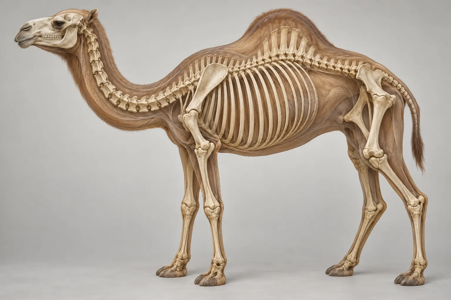 AI-generated educational skeleton reconstruction. OpenAI image generation, 2026-10-28. Prompt: Photorealistic museum-quality anatomical educational illustration of a camel skeleton side view with vertebral column visible beneath soft tissue outline, clean neutral studio background, accurate general mammal skeleton proportions without labels, no text, no callouts, no logos, no watermark, no collage; illustrative reconstruction not clinical anatomy plate. Not a scientific specimen image.