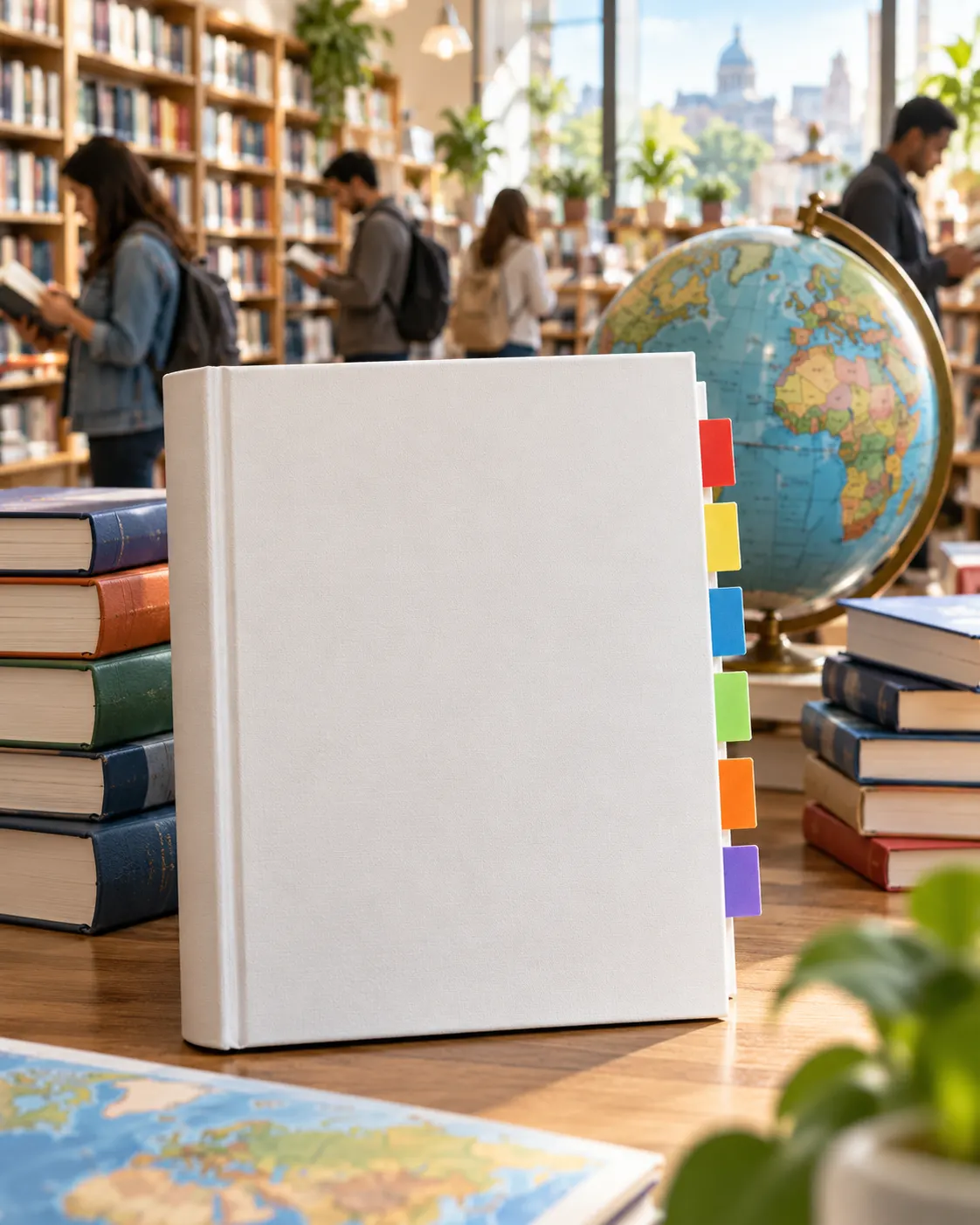 AI-generated cover: generic blank reference book and color tabs in a bookstore with a globe; not a Guinness title. Prompt: “Photorealistic vertical 4:5 editorial cover about reference books reaching readers worldwide. A generic hardcover book with a blank cover in the foreground, several colorful blank language index tabs, stacks of books and a globe softly behind it in a bright bookstore. No visible title, no readable text, no logos, and no claim to depict a Guinness book or sales figure.” Generated 20 October 2026.