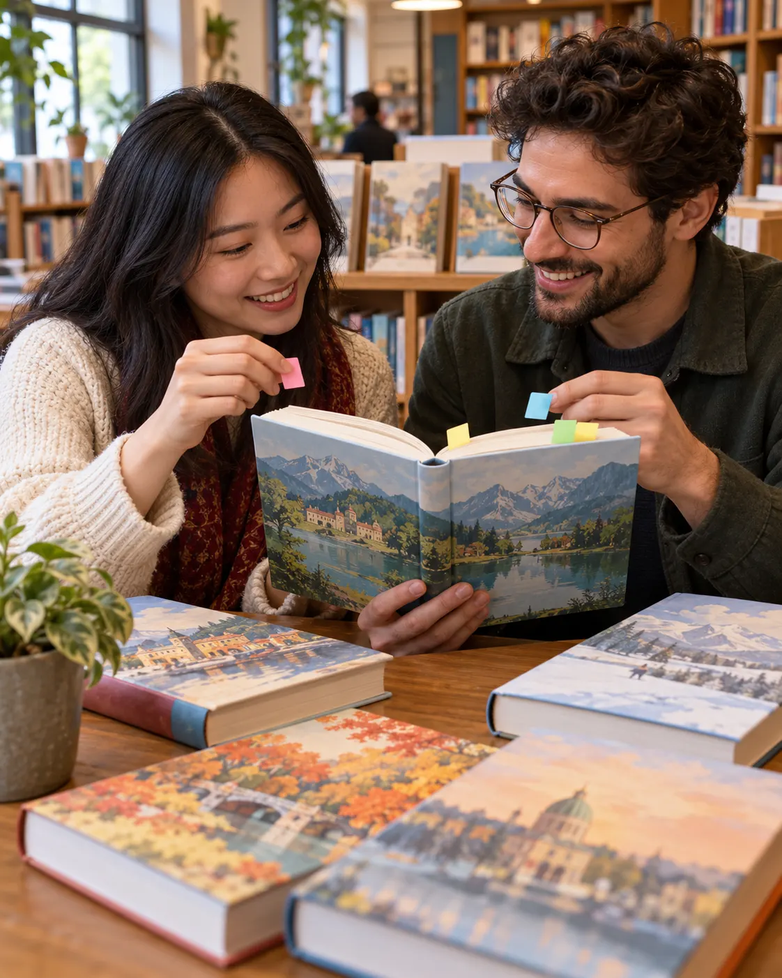 AI-generated fictional readers comparing a generic illustrated book with blank color tabs, symbolizing translated editions; no specific title or script shown. Prompt: “Photorealistic vertical 4:5 editorial scene of two adult readers from different backgrounds sharing a generic illustrated hardcover book at a bookstore table, smiling as they compare blank index tabs in different colors. Suggest translated editions without showing readable scripts or implying a specific title. No logos, no branded books, no text.” Generated 20 October 2026.