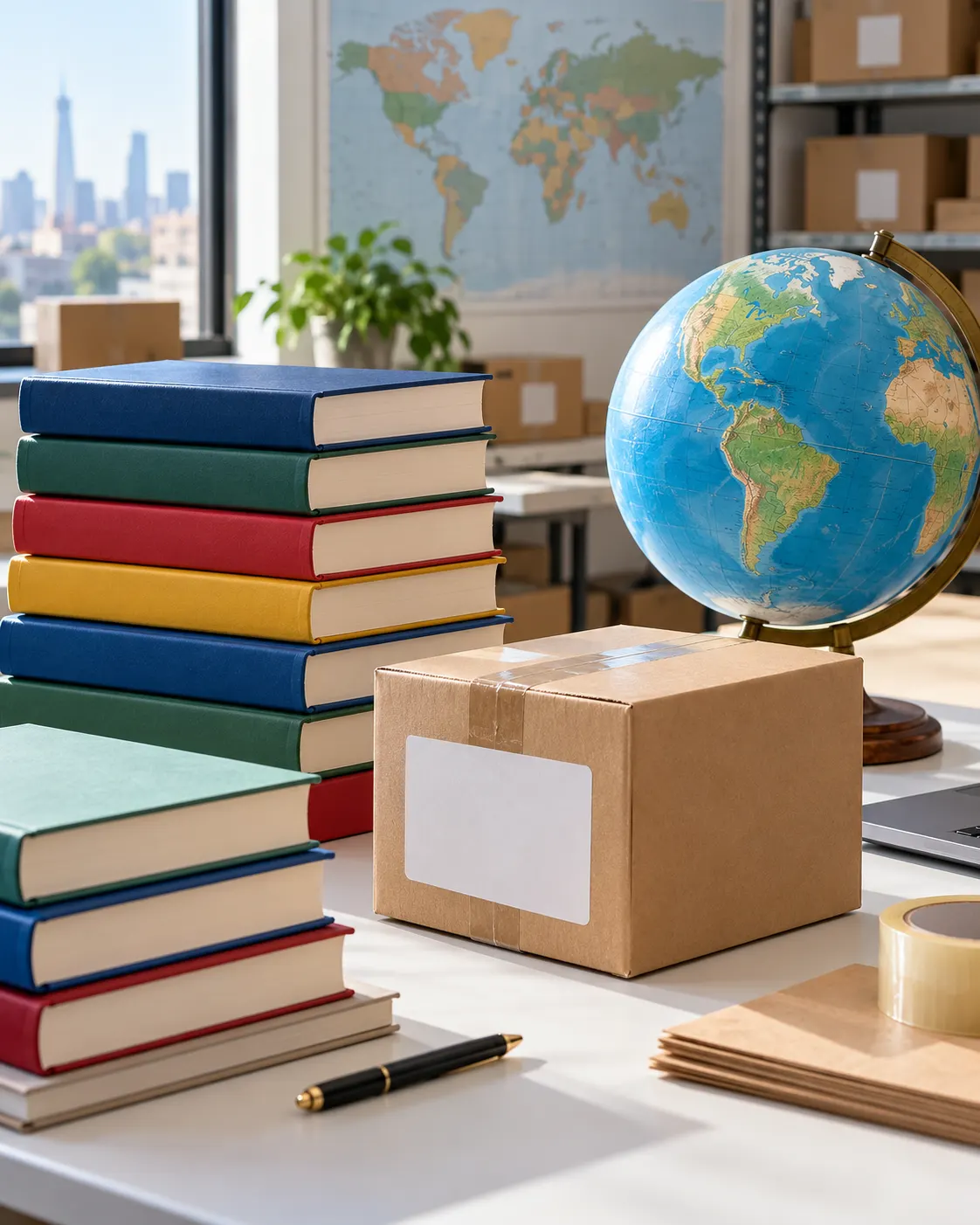 AI-generated generic books beside a shipping box and globe, symbolizing worldwide book distribution; not Guinness merchandise. Prompt: “Photorealistic vertical 4:5 editorial scene about book sales around the world: neat stacks of generic hardcover books beside a small shipping box and a globe on a bright packing table, suggesting distribution to many countries. All covers and parcel labels blank, no logos, no readable text, and not Guinness-branded merchandise.” Generated 20 October 2026.