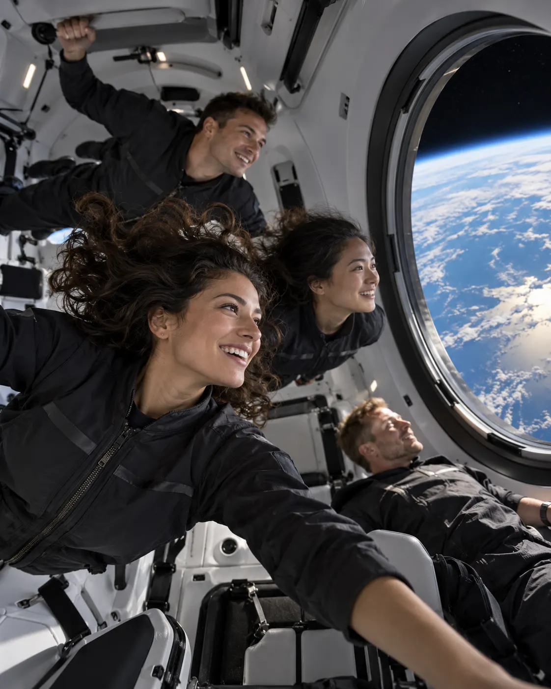 AI-generated generic view of anonymous private astronauts inside a capsule; not the Axiom-4 crew or a named mission. Prompt: “Photorealistic editorial reconstruction of private astronauts floating inside a modern commercial crew capsule in orbit, generic cabin and unidentifiable adult crew, Earth visible through window, vertical 4:5. Do not depict specific real astronauts or a named mission; no logos, text, or misleading NASA insignia.” Generated 2026-10-19.