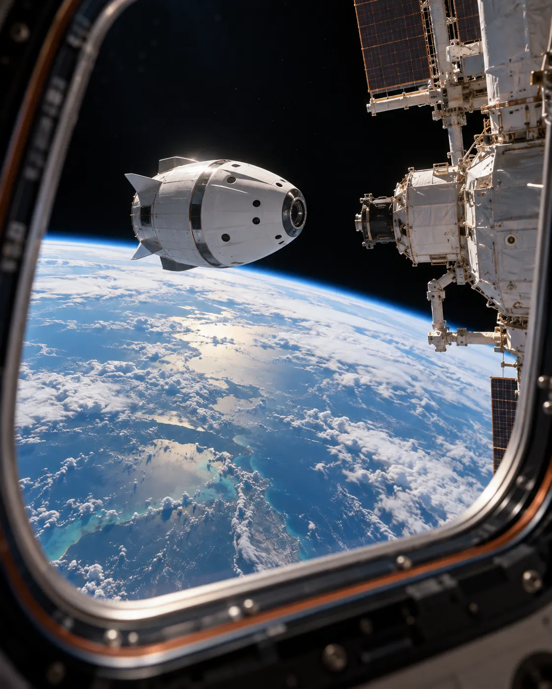 AI-generated generic spacecraft approaching an orbital station; no specific mission or spacecraft depicted. Prompt: “Photorealistic editorial view of Earth from low orbit through a spacecraft window, a small passenger capsule visible outside near a station, blue planet and black space, vertical 4:5. Generic illustration, no logos, text, identifiable spacecraft design, or claim to show a particular mission.” Generated 2026-10-19.