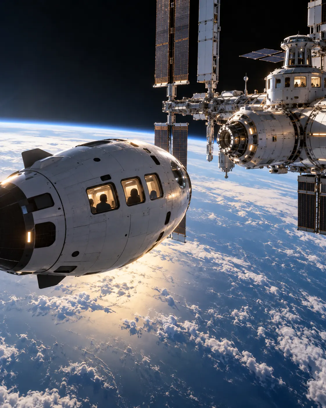 AI-generated cover showing a generic passenger capsule approaching an orbital station; this is illustrative and not a scene from Kubrick’s film or a depiction of a named vehicle. Prompt: “Photorealistic editorial cover for the arrival of commercial passenger spaceflight: elegant generic orbital passenger capsule approaching a bright space station above Earth, small windows showing anonymous silhouettes, vertical 4:5, plausible engineering and restrained color. Do not copy any movie still, Pan Am logo, specific spacecraft, readable text, or imply routine airline service.” Generated 2026-10-19.