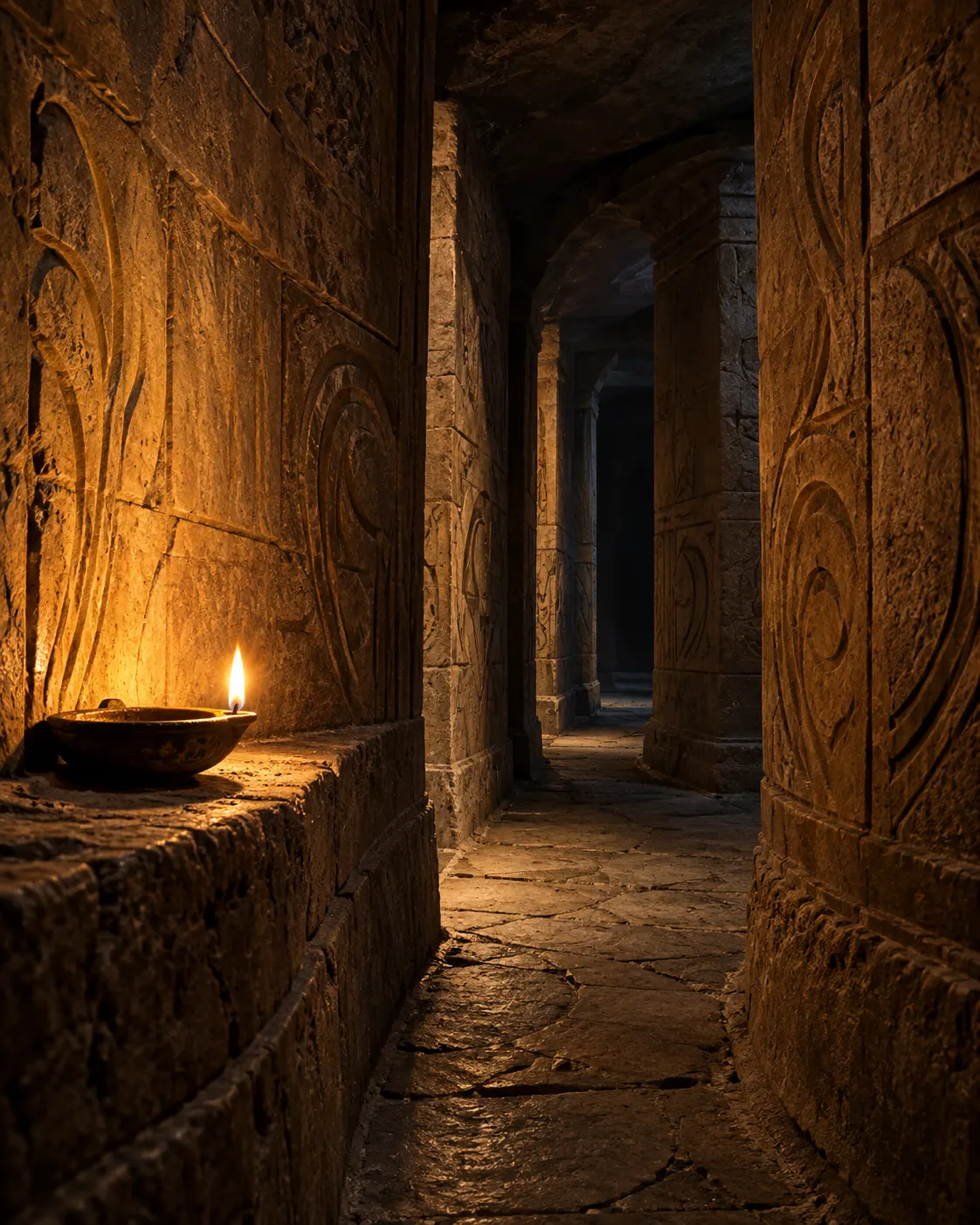 AI-generated invented stone labyrinth interior with an oil lamp, representing the tomb setting.