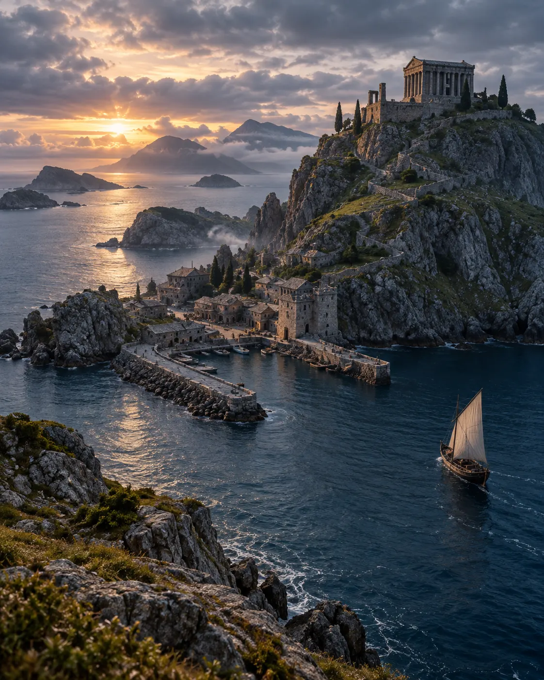 AI-generated imagined island and harbor environment evoking Earthsea, not a canonical map or film location.