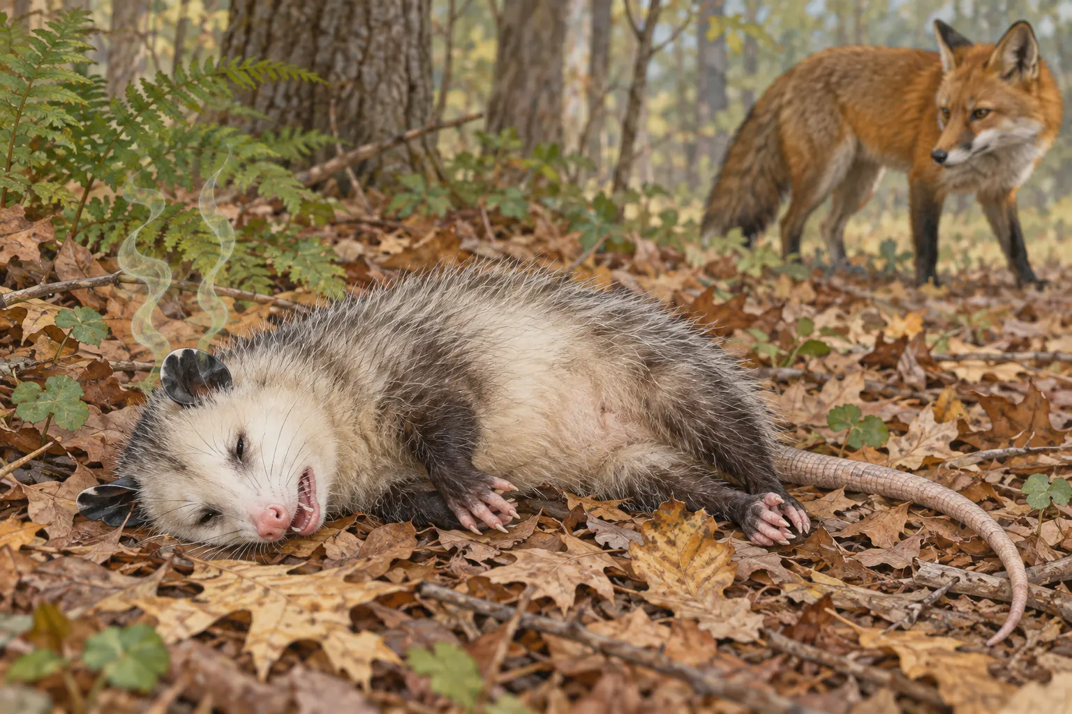 AI-generated educational illustration of a Virginia opossum in thanatosis. Not a photograph or a record of an actual animal encounter. Generated 2026-10-13; no external creator/license. Disclosed as AI-created in the post.