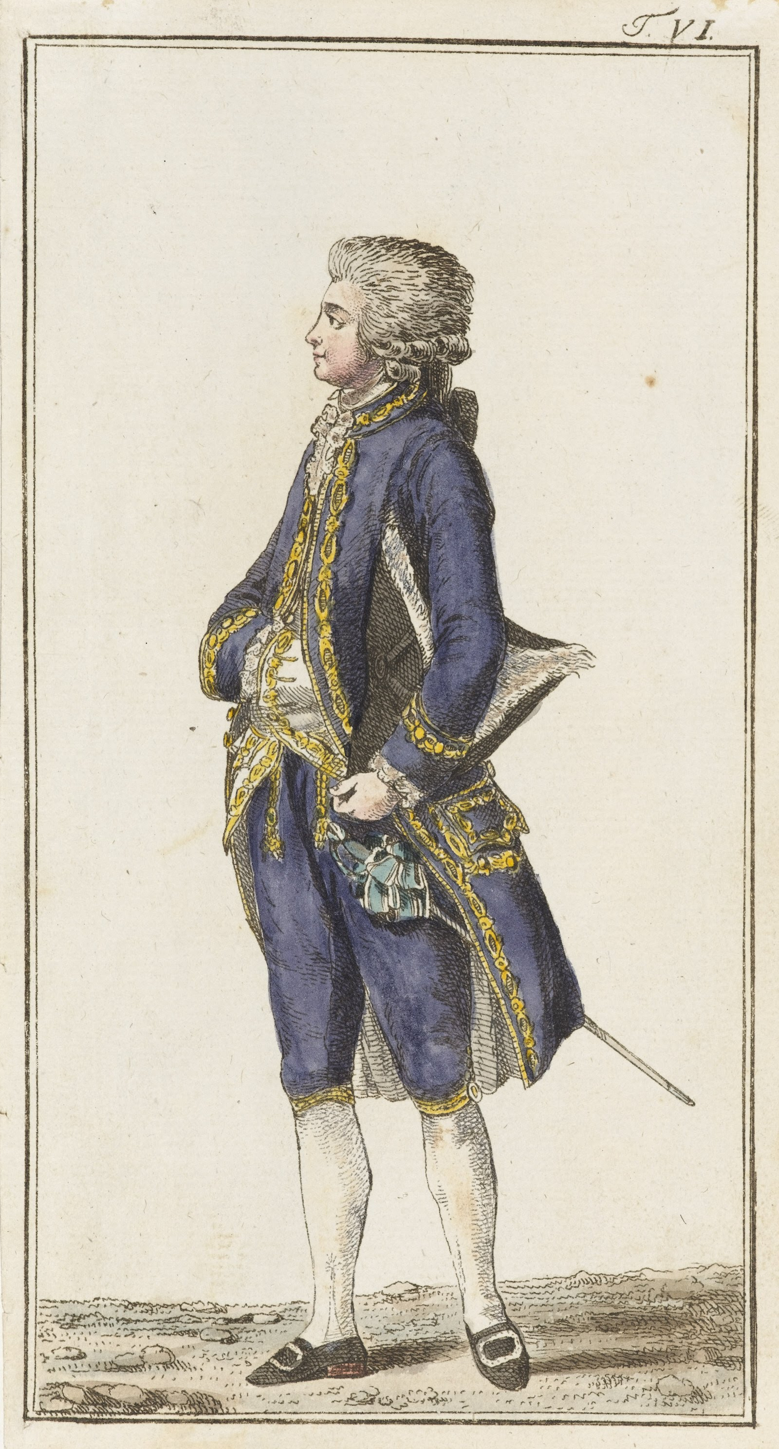 fashion plate showing a man in breeches and stockings, c. 1795, Cooper Hewitt, Smithsonian Design Museum, accession 1952-127-15. Artist unknown. Original: https://commons.wikimedia.org/wiki/File:Fashion_Plate_for_Man%27s_Costume_-_Google_Art_Project.jpg. Public Domain Mark 1.0: https://creativecommons.org/publicdomain/mark/1.0/. Attribution: Cooper Hewitt, Smithsonian Design Museum. Unmodified.