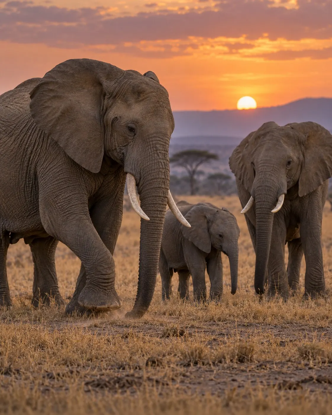 Титульна AI-згенерована ілюстрація / AI-generated cover illustration. African elephant family on the savanna at dusk, illustrating the fact's subject.