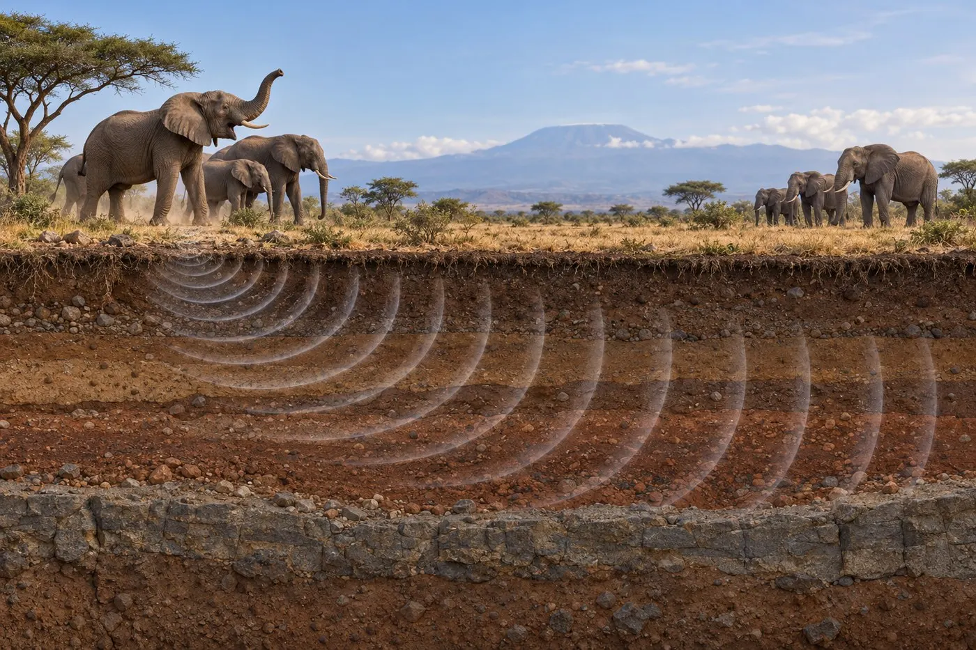 AI-generated educational scene showing a vocalizing elephant group and an illustrative soil cutaway with seismic wavefronts traveling toward another group.