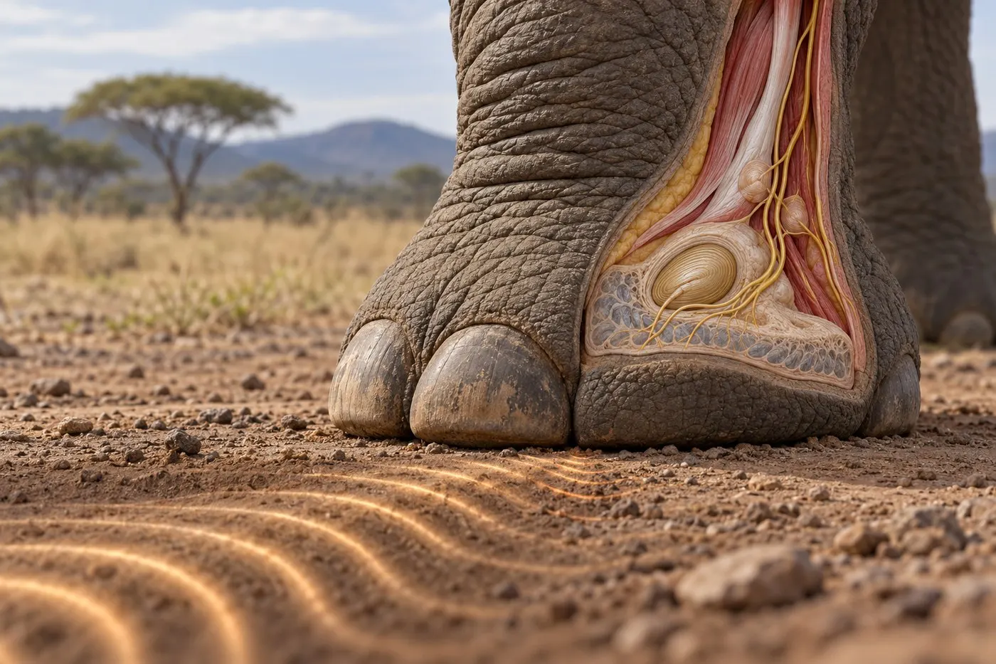 AI-generated educational close view of an elephant foot with an illustrative tissue cutaway and ground vibrations.