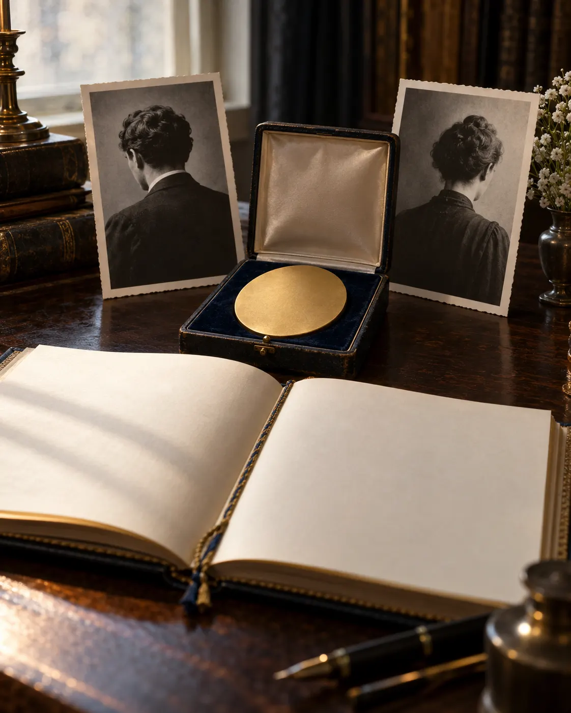 AI-generated cover image (created 2026-10-19), symbolically showing two archival portraits and an unmarked medal. The portraits and medal are generic, not depictions of the named laureates or an official award. Exact prompt: “Photorealistic editorial cover about the Nobel rule against posthumous awards introduced in 1974: an old Nobel ceremony program with blank pages, a generic unmarked medal and two archival portraits turned away on a quiet desk, vertical 4:5. Symbolic historical still life, no recognizable people or official medal design, no readable text or logos.”