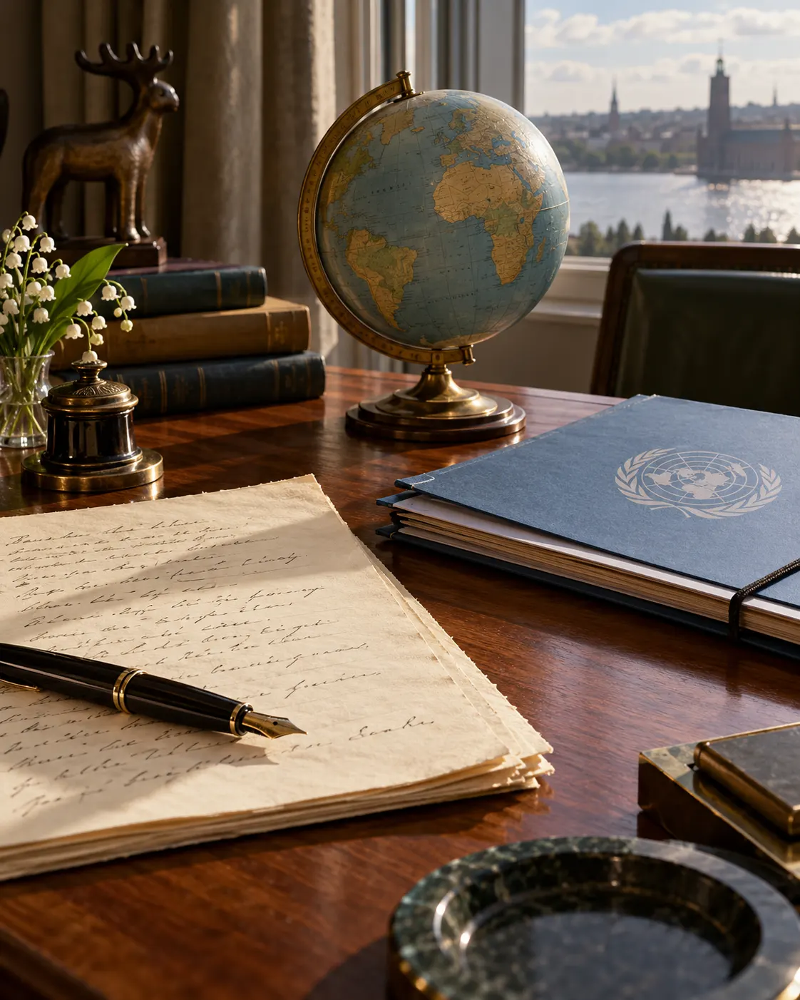 AI-generated symbolic still life (created 2026-10-19) pairing a generic poetry manuscript with UN-related papers and a globe; it does not depict documents belonging to either laureate. Exact prompt: “Photorealistic editorial still life connecting two posthumous Nobel laureates: a Swedish poetry manuscript with a fountain pen beside a United Nations document folder and small globe, early 1960s desk, vertical 4:5. Symbolic generic objects, not documents belonging to Karlfeldt or Hammarskjöld, no readable text or logos.”