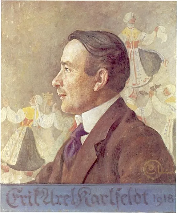 1918 portrait painting of Erik Axel Karlfeldt by Carl Larsson. Wikimedia Commons: https://commons.wikimedia.org/wiki/File:Erik_Axel_Karlfeldt-by_Carl_Larsson.jpg; underlying painting is public domain and file marked Public Domain Mark 1.0 as a faithful reproduction of a two-dimensional artwork. Creator attribution: Carl Larsson. Downloaded unchanged.