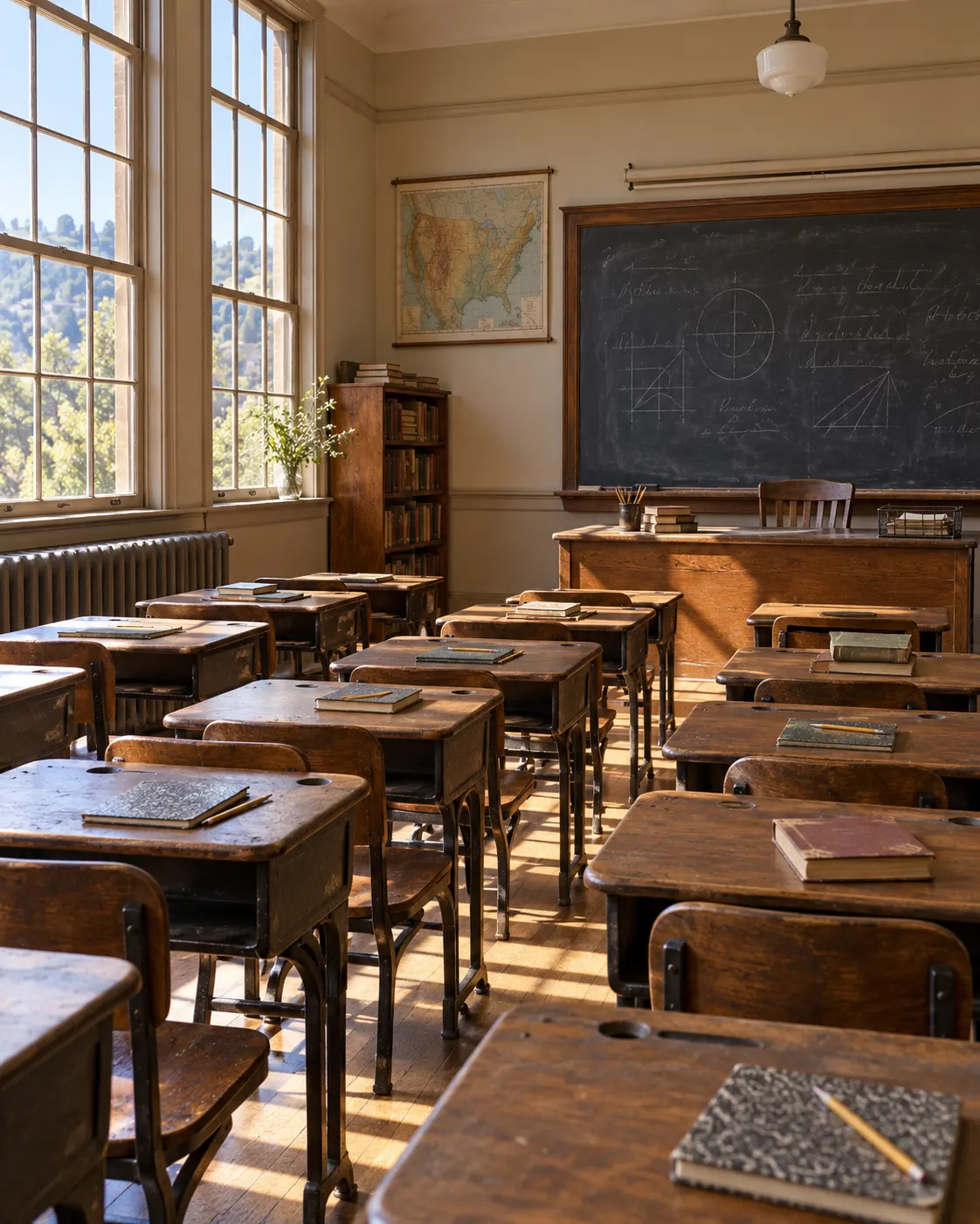 AI-generated generic historical reconstruction of a 1940s California classroom; not a verified Berkeley High School room. Prompt: “Photorealistic historical editorial reconstruction of an anonymous 1940s American high-school classroom in Berkeley, California: rows of wooden desks, chalkboard with only abstract unreadable marks, tall windows, period school supplies, no students or teachers. Vertical 4:5, natural documentary light. This is a generic classroom, not a verified photograph of Berkeley High School; no logos or legible writing.” Generated 2026-10-19.