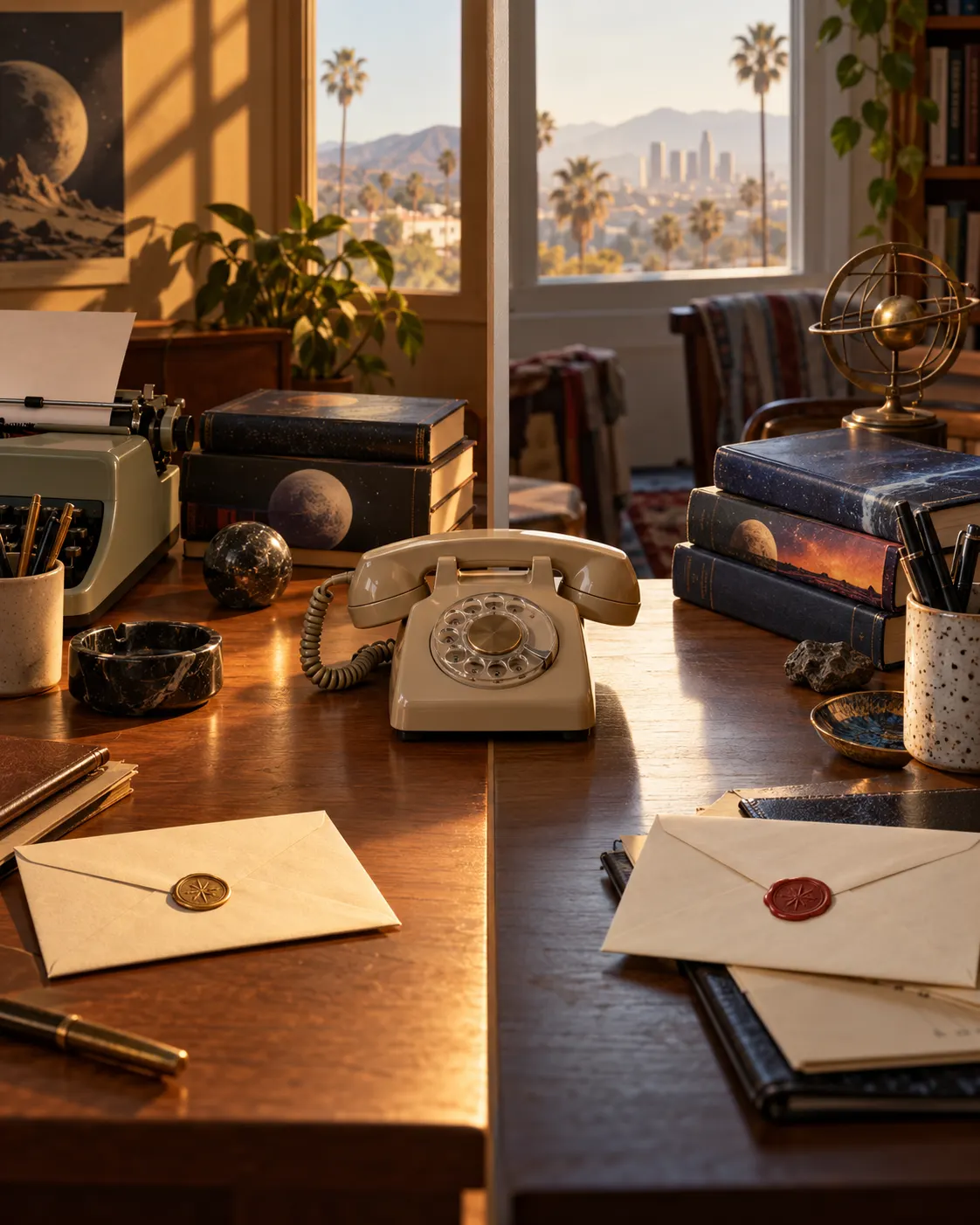 AI-generated symbolic still life representing the writers’ later correspondence and phone calls; not their actual correspondence or possessions. Prompt: “Photorealistic editorial still life evoking two adult writers who exchanged letters but never met: a vintage 1970s rotary telephone between two separate writing desks suggested through a split composition, two sealed envelopes and generic science-fiction books, soft California afternoon light, vertical 4:5. No readable text, real book titles, logos, people, or claim that this depicts the actual authors' correspondence.” Generated 2026-10-19.