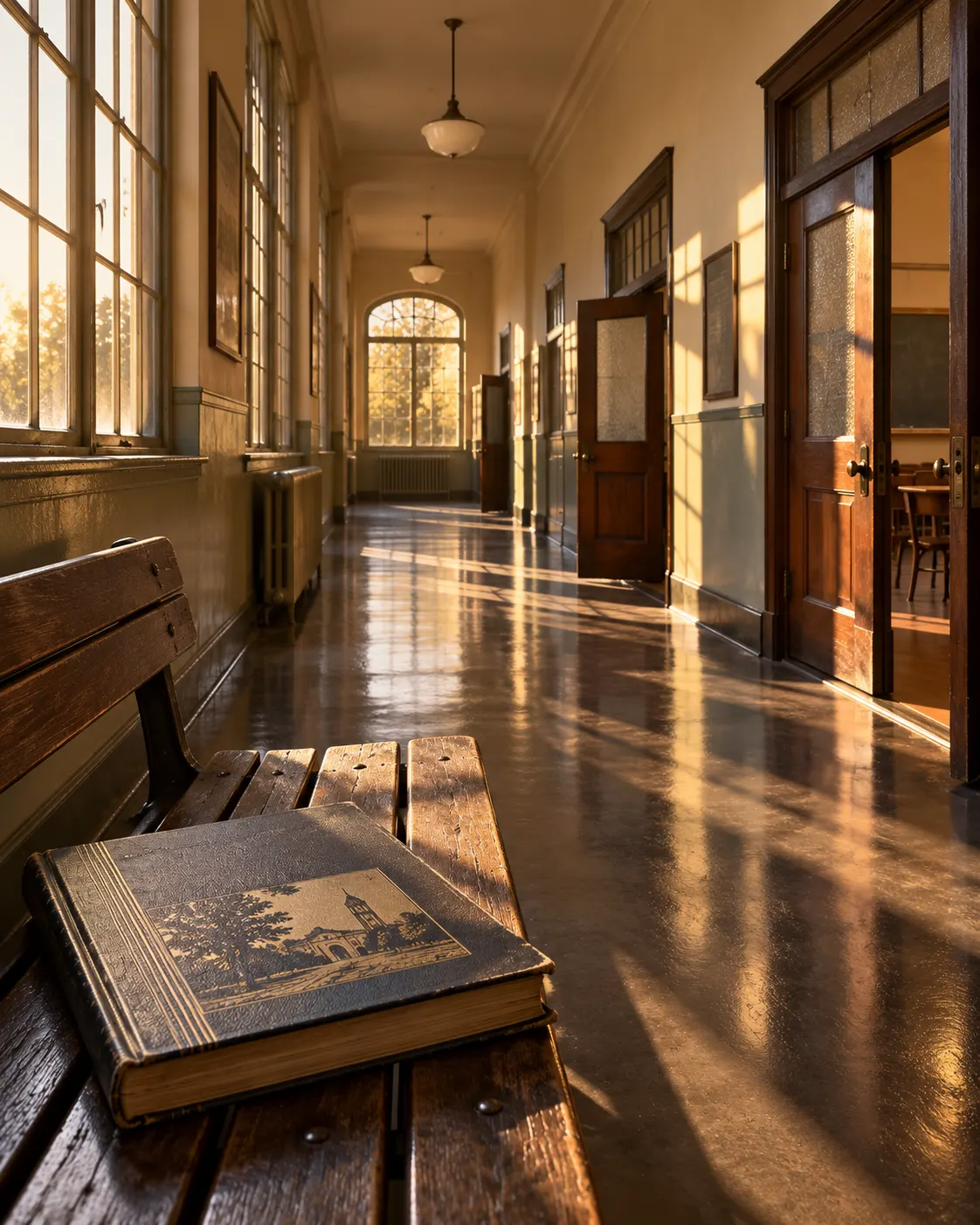 AI-generated cover illustration: generic 1940s high-school corridor and a closed yearbook, symbolizing two classmates whose paths did not connect. It is not a photograph of Berkeley High School; the yearbook has no readable text. Prompt: “Photorealistic editorial cover image for a story about two future science-fiction writers who attended the same high school without knowing one another: an empty 1940s California high-school corridor at late afternoon, two separate classroom doors and a 1947-era yearbook resting on a bench, warm sun through tall windows, vertical 4:5 composition. Do not show real people, readable text, school logo, or claim this depicts the actual Berkeley High School. Historical mood, realistic documentary photography.” Generated 2026-10-19.