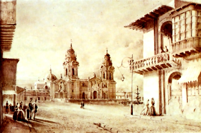 J. Prendergas, watercolor reproduction of Lima Cathedral and Plaza Mayor, c. 1850. Public Domain Mark 1.0. Source: https://commons.wikimedia.org/wiki/File:Lima-c1850-Prendergas.jpg. Opened and visually checked 2026-10-28.