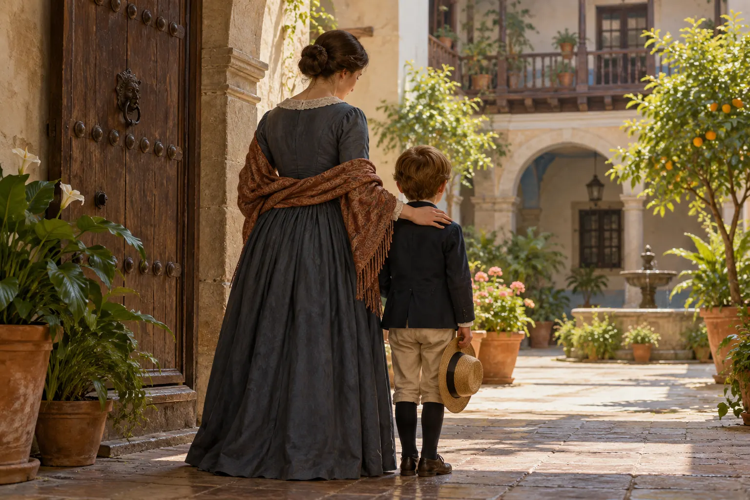 AI-generated reconstruction of a mother and young boy in a Lima courtyard, 1850s; not a verified portrait of Gauguin or his family.