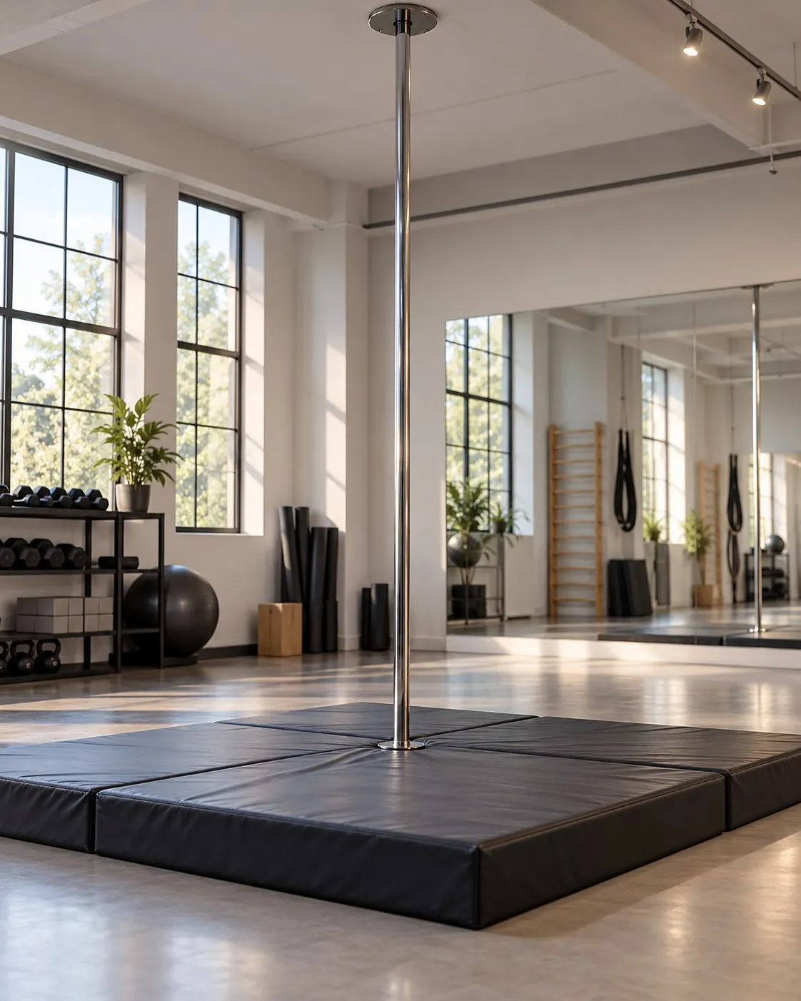 AI-generated cover of an empty pole-acrobatics studio with padded mats; no performer or stunt, and not Bruckmann’s record setup. Prompt: “Photorealistic vertical 4:5 editorial still life of a tall chrome acrobatics training pole fixed to a studio floor and ceiling, thick crash mats arranged around its base, bright professional gym with neutral equipment and soft cinematic light. Empty room, no person or performance. Generic sports apparatus, not Nele Bruckmann's record setup. No text, logos or numbers.” Generated 20 October 2026.