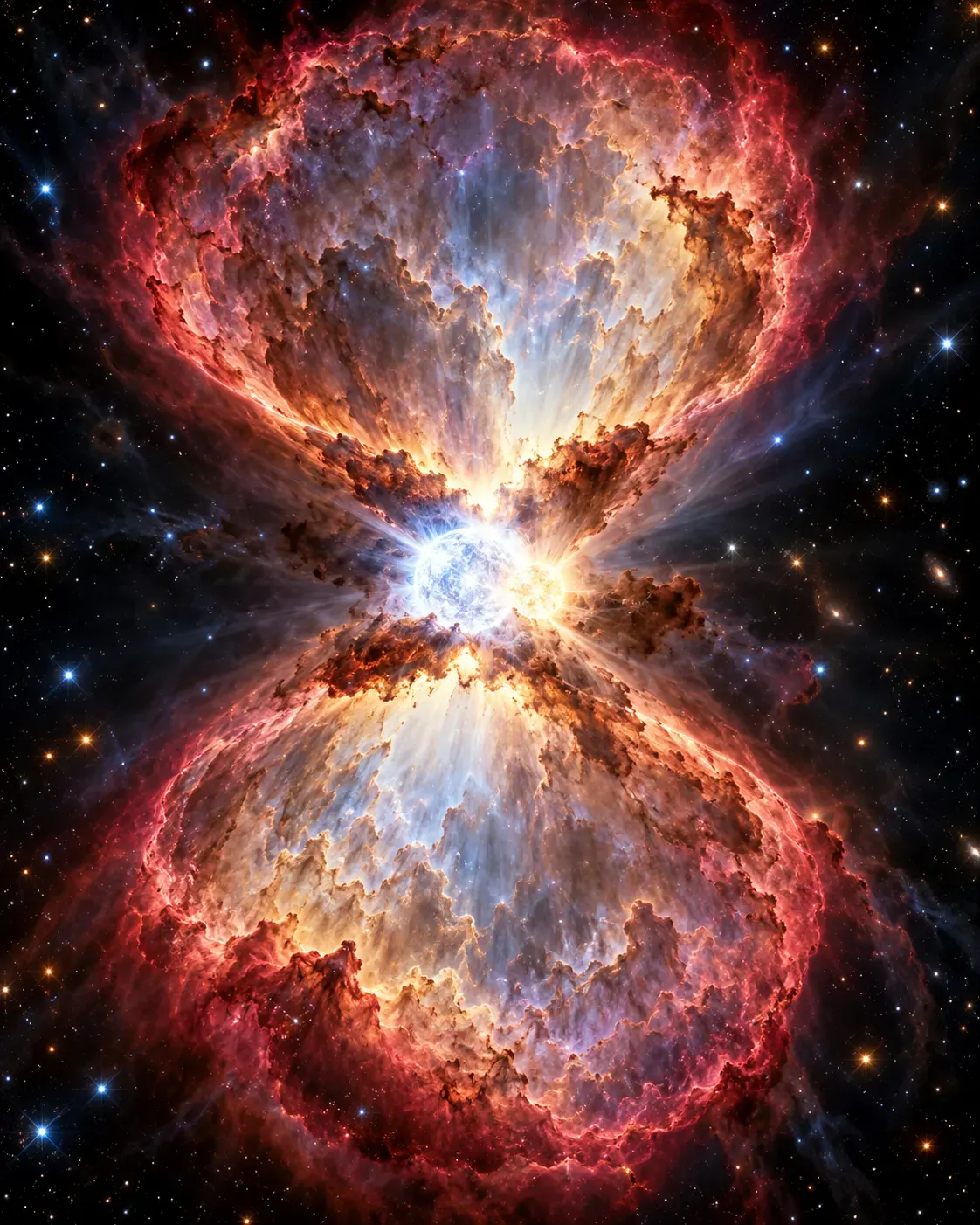 концептуальна художня ілюстрація OpenAI ImageGen. Відтворення подвійної системи та туманності умовне; не є телескопічним зображенням чи кількісною схемою.