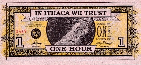Scan of a 1991 one-HOUR note from the Ithaca HOURS archive maintained by founder Paul Glover; the note shows “One Hour” and a Lick Brook image.