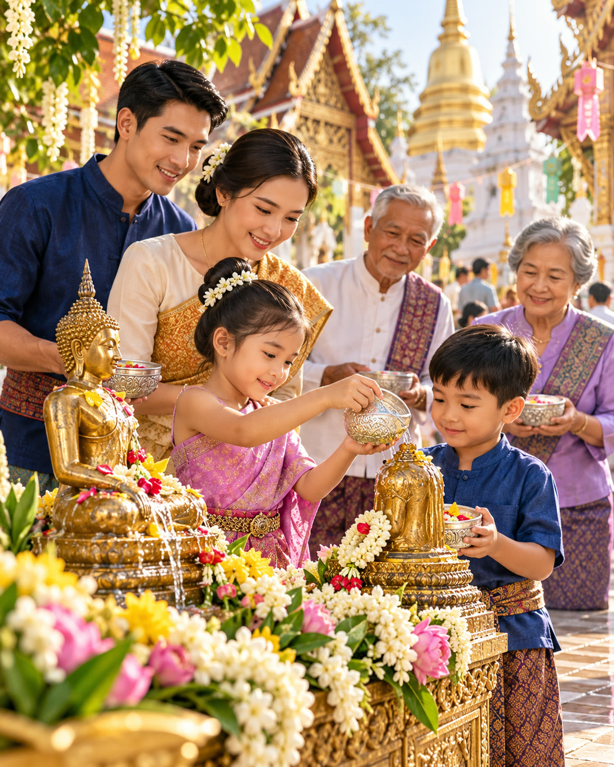 AI-generated respectful conceptual Songkran scene; not a documentary photograph.