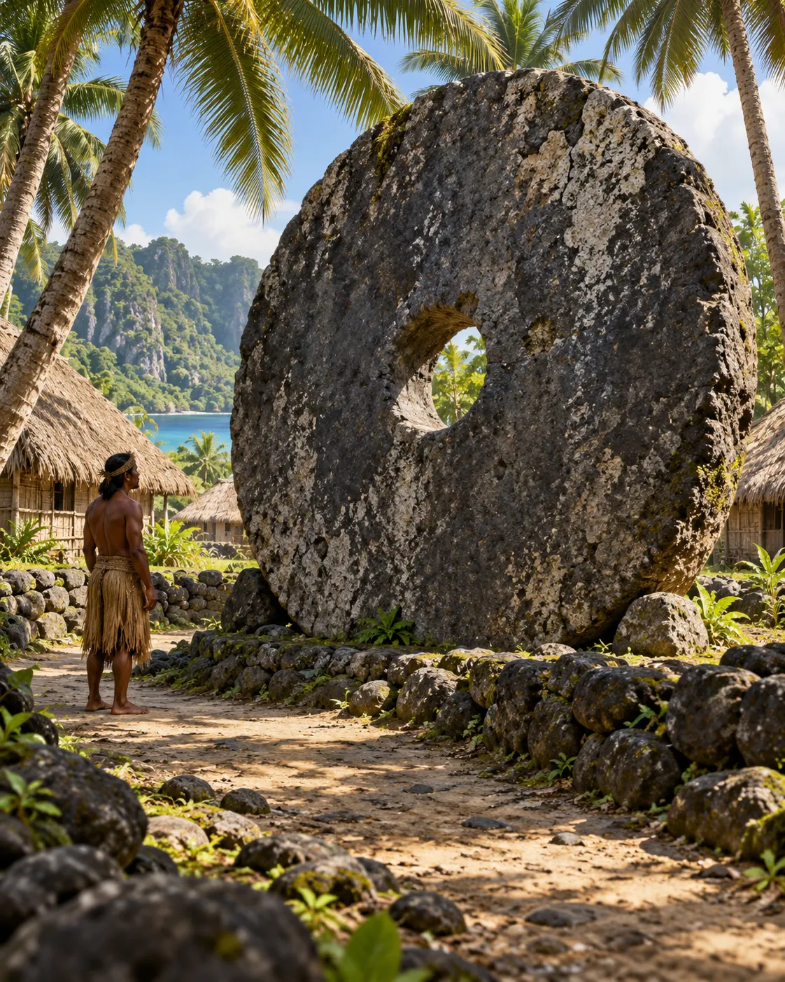 AI-generated symbolic illustration of a large stone rai disc on Yap, shown for scale. It is an illustrative reconstruction, not a documentary photograph or specific authenticated stone. Generated with OpenAI image generation; no external source or reuse license applies.