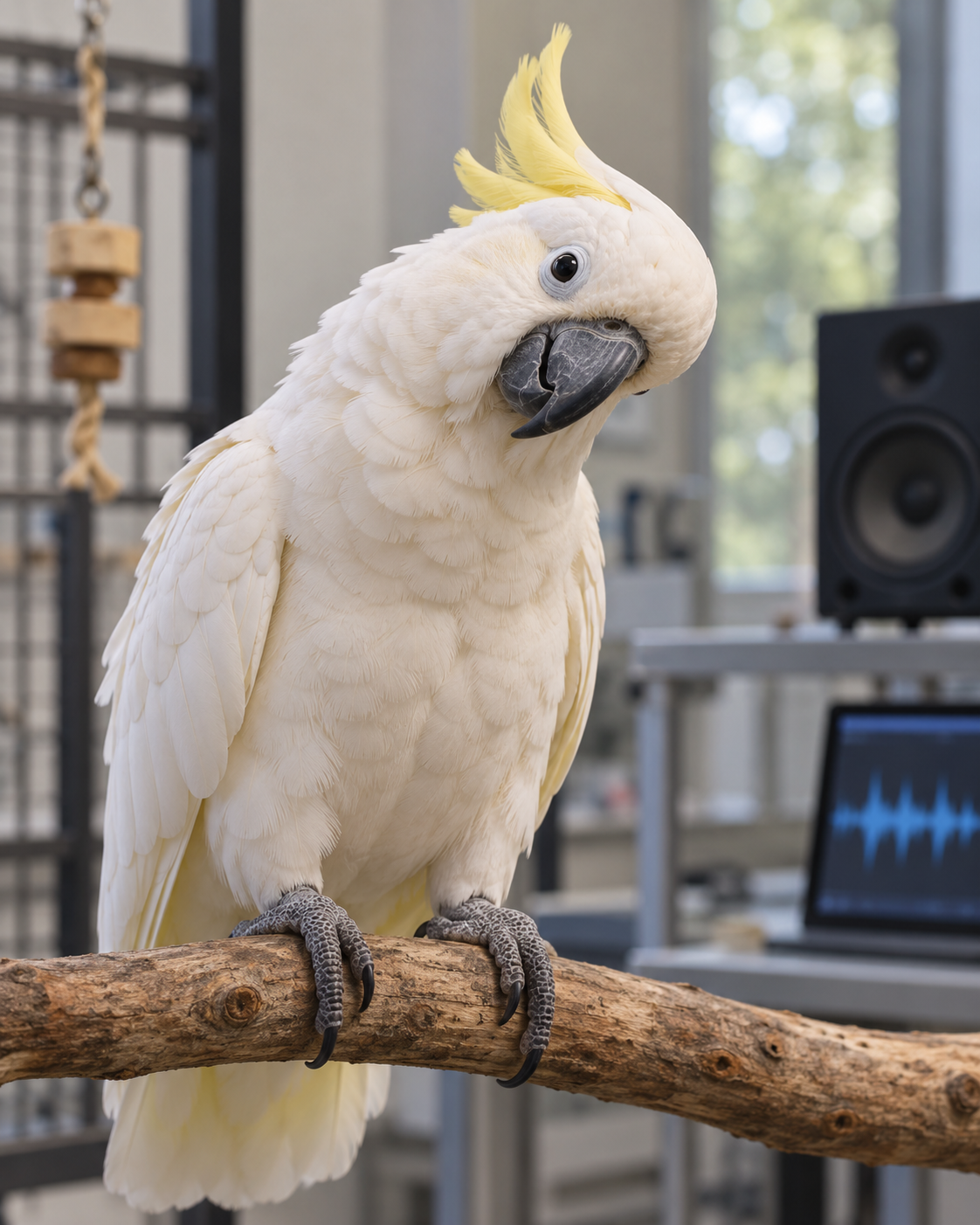 AI-generated illustrative cover, created 2026-10-25. Prompt: “Realistic wildlife editorial portrait, 4:5, a white cockatoo perched on a branch indoors in a research setting, head gently tilted as if moving to music, documentary natural light, accurate feathers and feet, no text, no logos. Illustrative cover for a cautious science story about one parrot observed moving in time with music.”