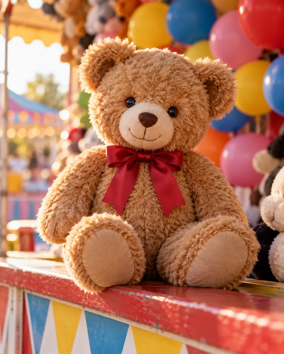 AI-generated generic teddy bear displayed as a fair prize, evoking how a collection might begin; not “Grandma Jackie.” Prompt: “Photorealistic vertical 4:5 editorial image of a classic plush teddy bear displayed as a prize at a small summer fair booth, colorful balloons softly blurred in the background, gentle nostalgic mood. Generic fictional bear, not Jackie Miley's 'Grandma Jackie' bear. No people, no readable text, logos or branded signage.” Generated 20 October 2026.