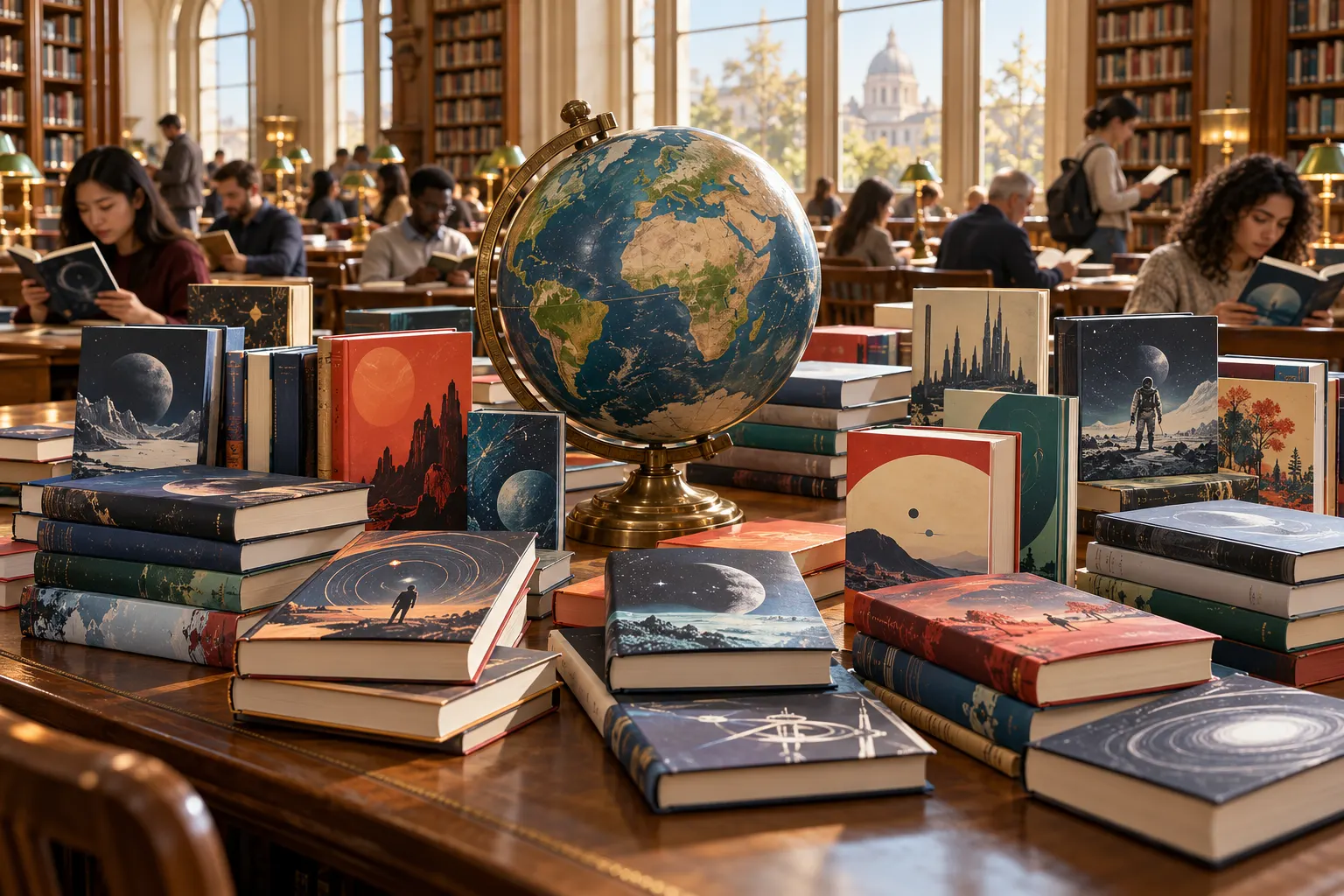 Титульна AI-згенерована ілюстрація / AI-generated cover illustration. A globe and many generic science-fiction editions in a library suggest Stanisław Lem’s international readership.