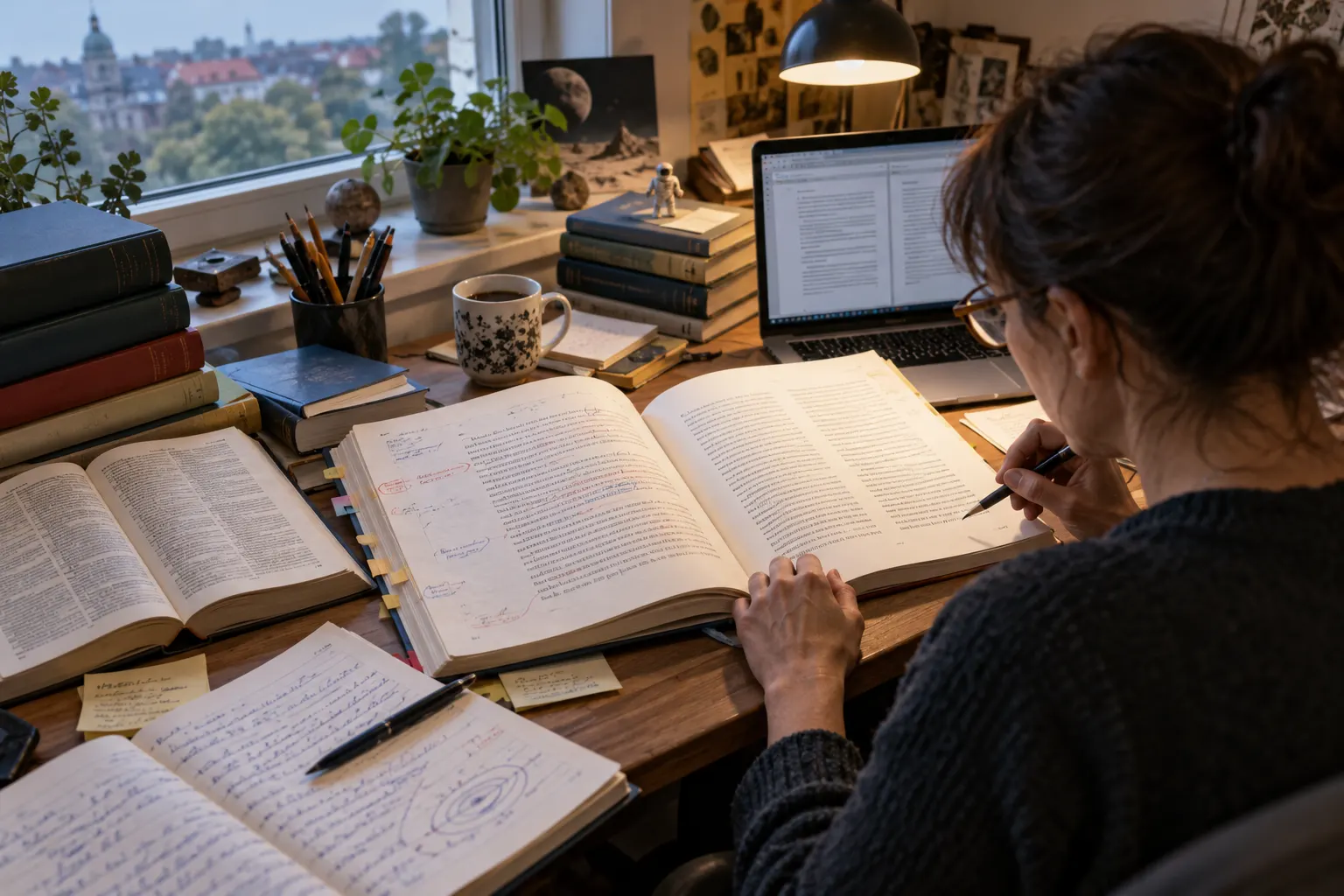 AI-generated illustration of a translator comparing an original manuscript and a translated edition at a desk.