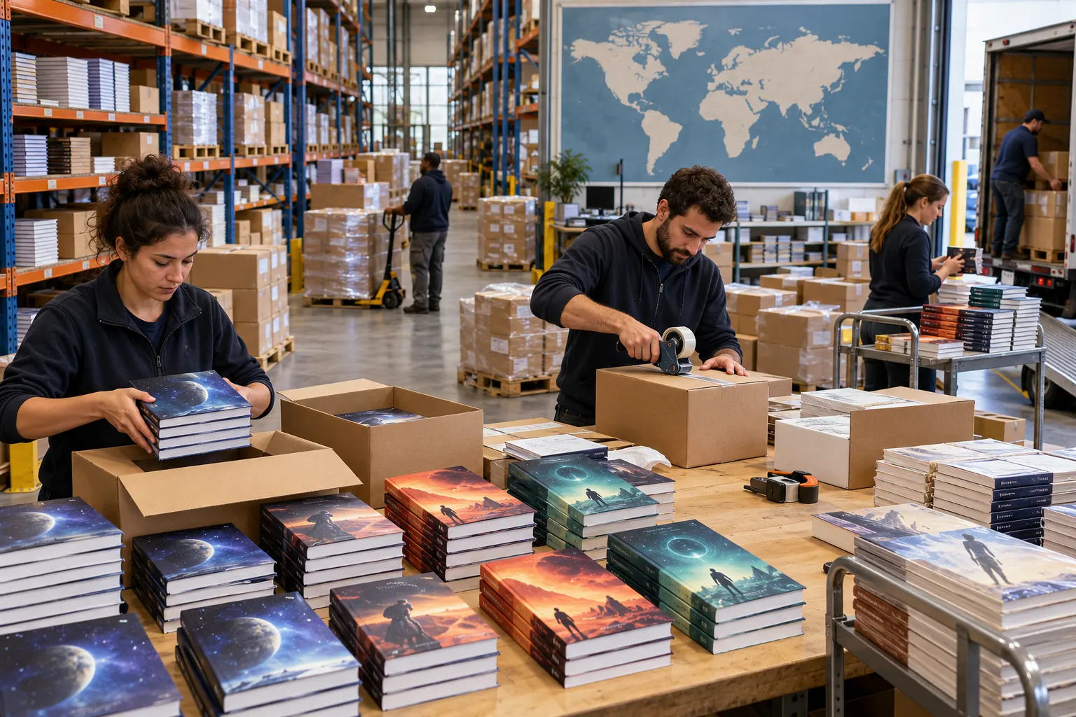 AI-generated illustration of generic science-fiction books being packed and shipped from a publishing warehouse, with a world map suggesting international circulation.