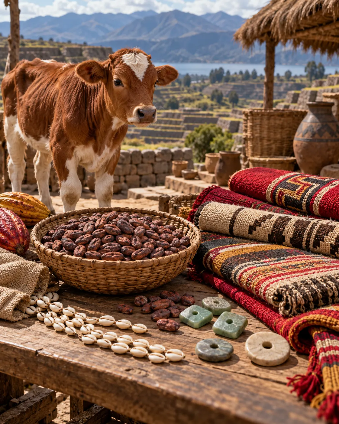AI-generated symbolic market scene with livestock, cacao beans and trade goods. It illustrates examples, not a universal currency system or documented transaction. Generated with OpenAI image generation; no external source or reuse license applies.