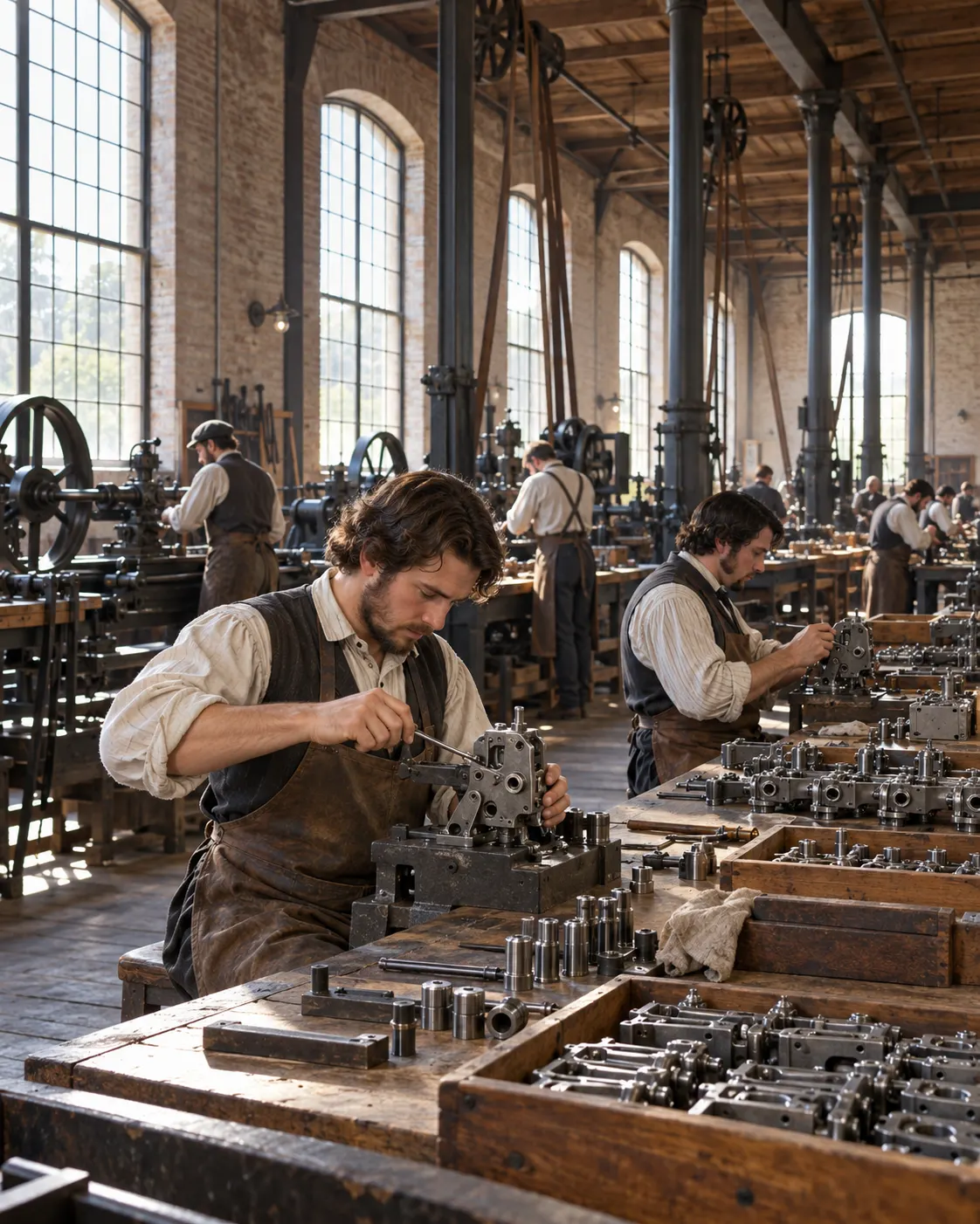 AI-generated with OpenAI image generation. Prompt: “Distinct photorealistic editorial history scene inside a 19th-century American armory: workers in period clothing assemble generic metal mechanisms at long benches, no weapons, no ammunition, no violence, no logos, no readable text. Respectful industrial heritage documentary style, natural window light, portrait 4:5.”