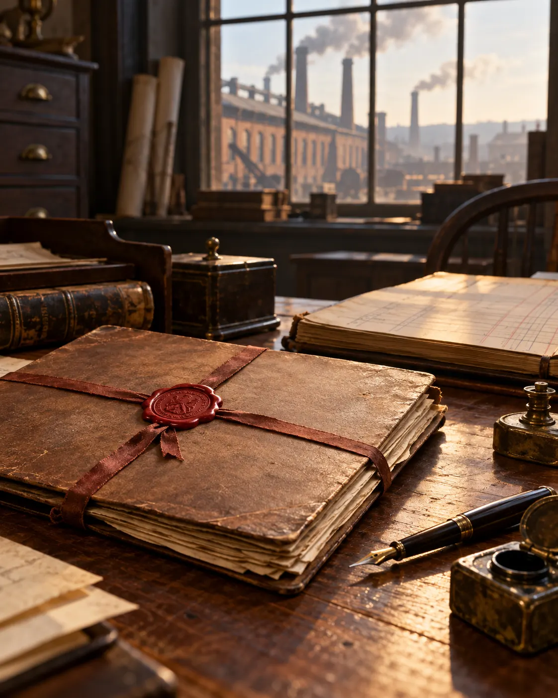 AI-generated with OpenAI image generation. Prompt: “Photorealistic editorial cover for an article about an 1847 military manufacturing contract. A 19th-century contract folder, fountain pen, wax seal, and ledger on a wooden office table, with a distant factory window in soft focus; no weapon, no readable writing, no logos, no people. Warm historical documentary lighting, portrait 4:5.”