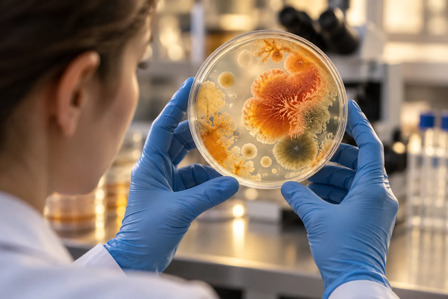 AI-generated editorial illustration of a microbiologist examining a petri dish with a naturally pigmented microbial colony; symbolic, not a specific organism or medicine.
