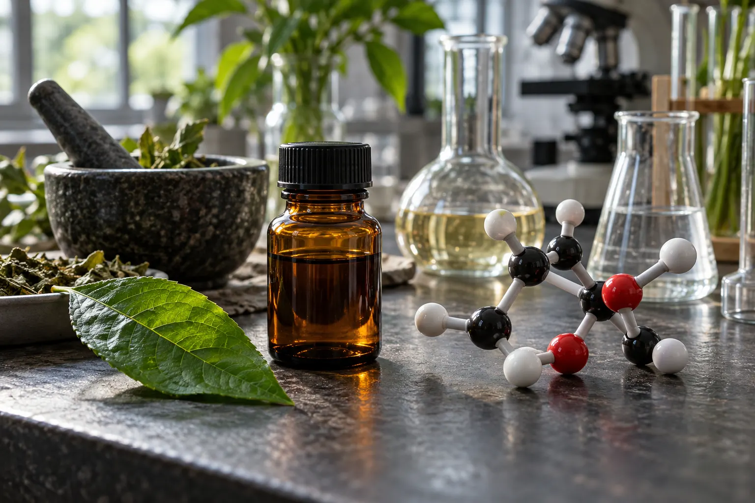 AI-generated editorial illustration of medicinal chemistry work with plant-derived sample extract and molecular model; illustrative, no particular molecule represented.