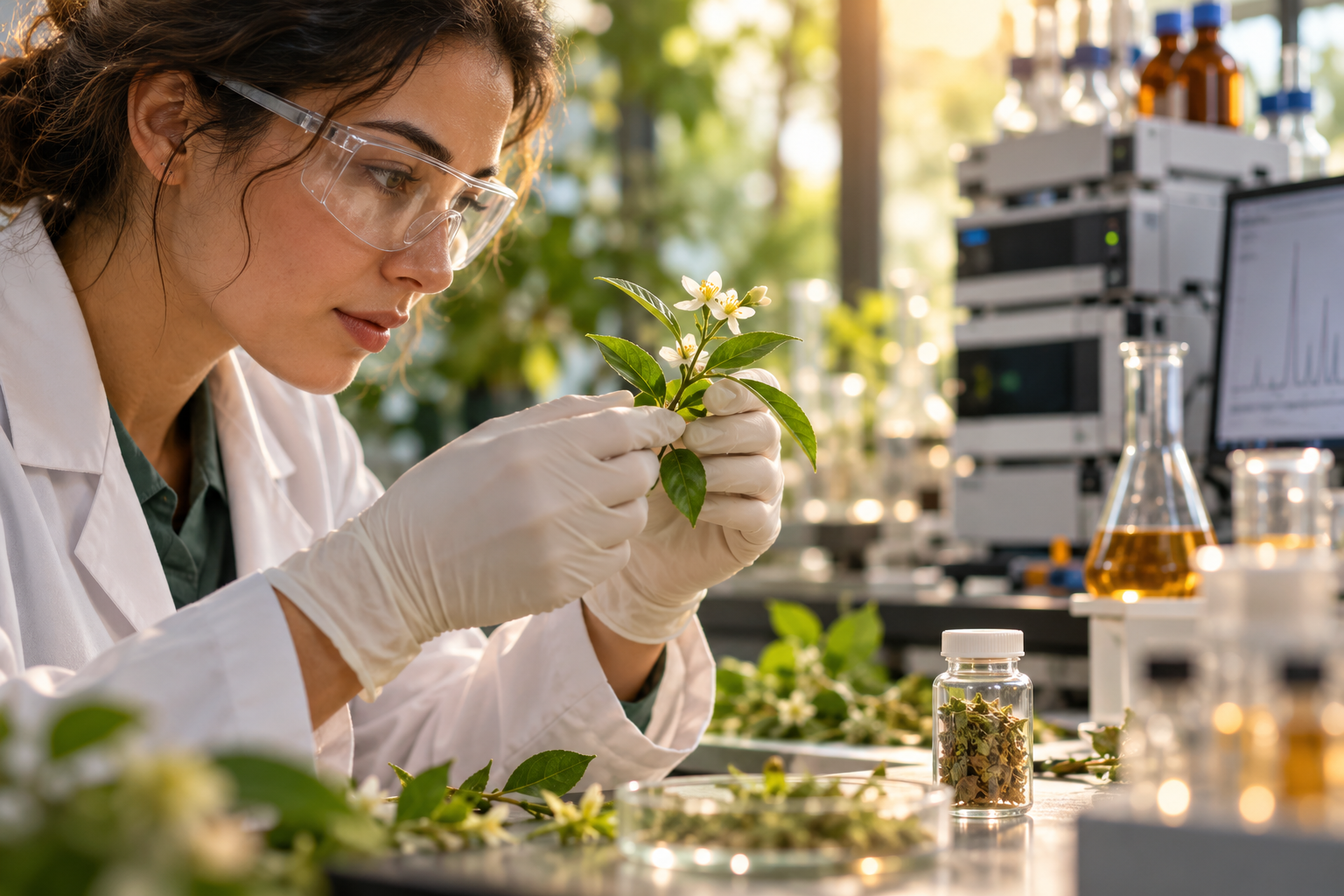 AI-generated cover illustration showing a botanist's gloved hand examining a medicinal plant beside a laboratory vial, suggesting one possible route from natural chemistry to medicines without depicting a real drug or claiming all medicines are plant-derived.