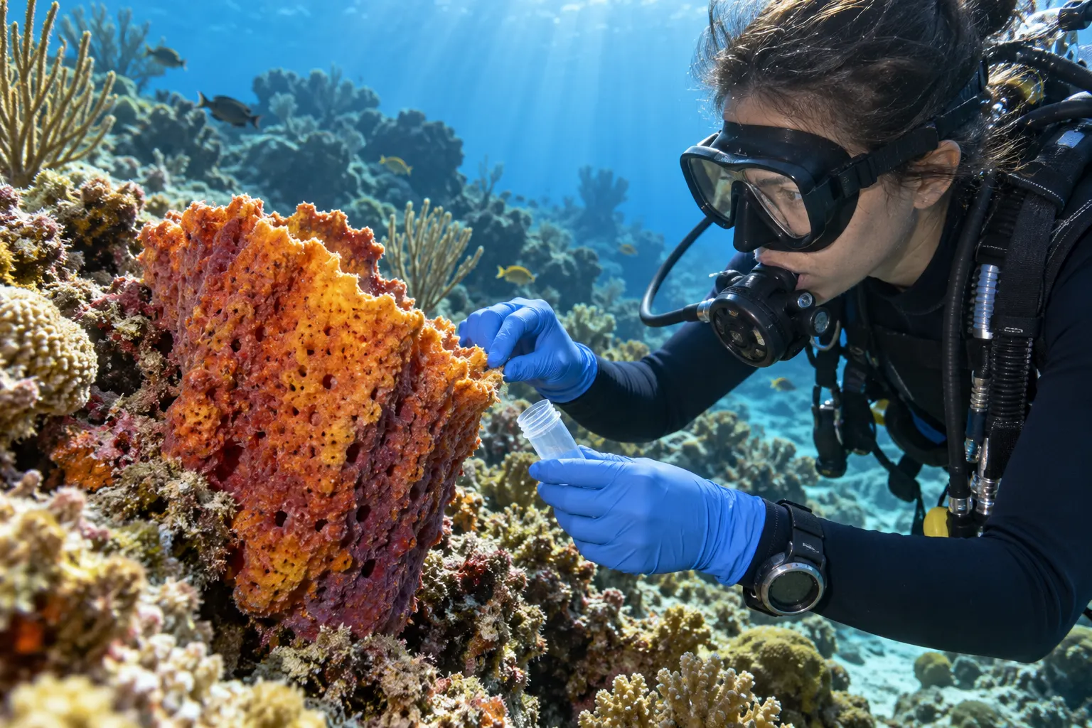 AI-generated editorial underwater scene of a researcher sampling a generic marine sponge; it illustrates a possible natural-products research setting, not a named species or actual drug.